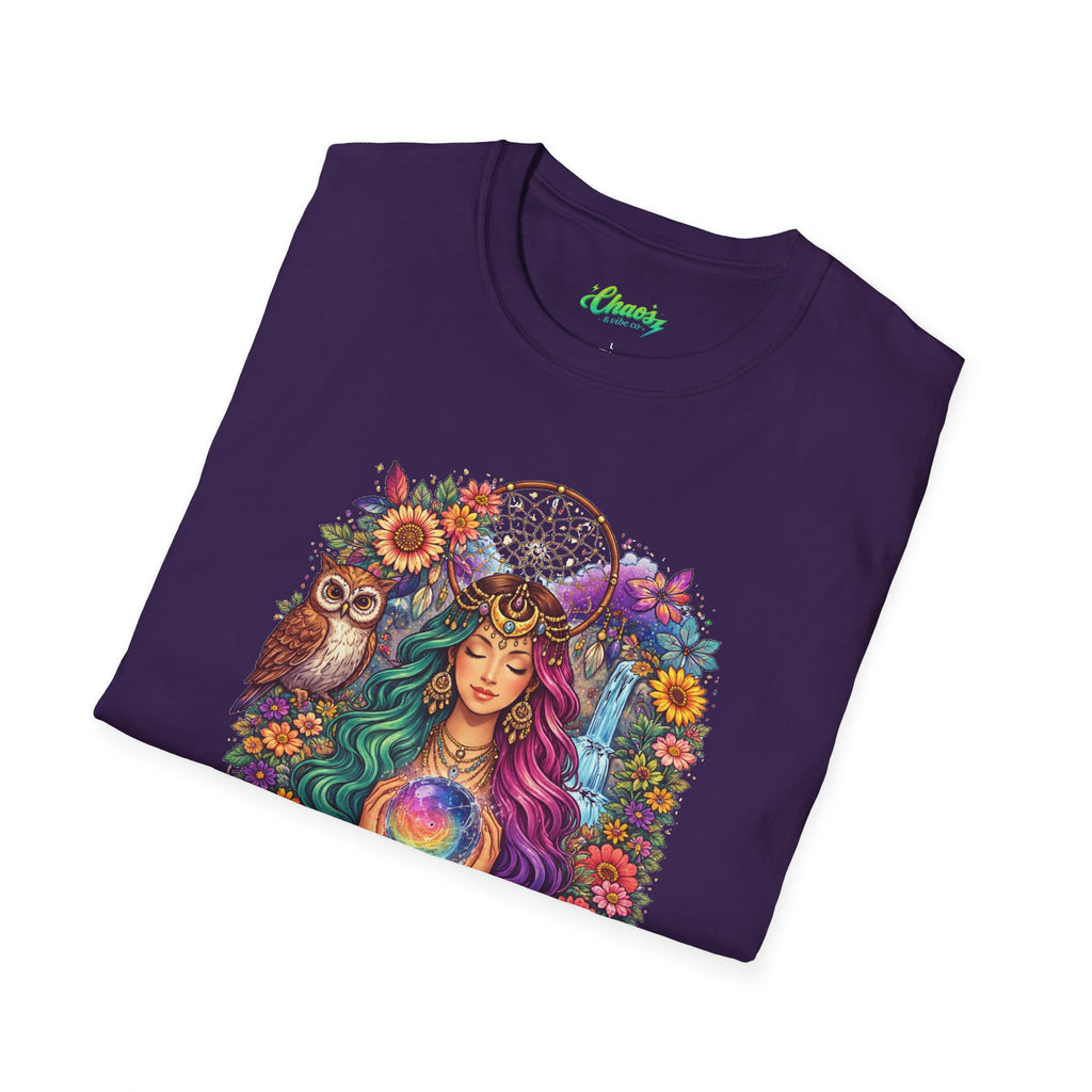 Goddess with Crystal Ball T-Shirt | Boho Mystic Woman, Owl, Dreamcatcher