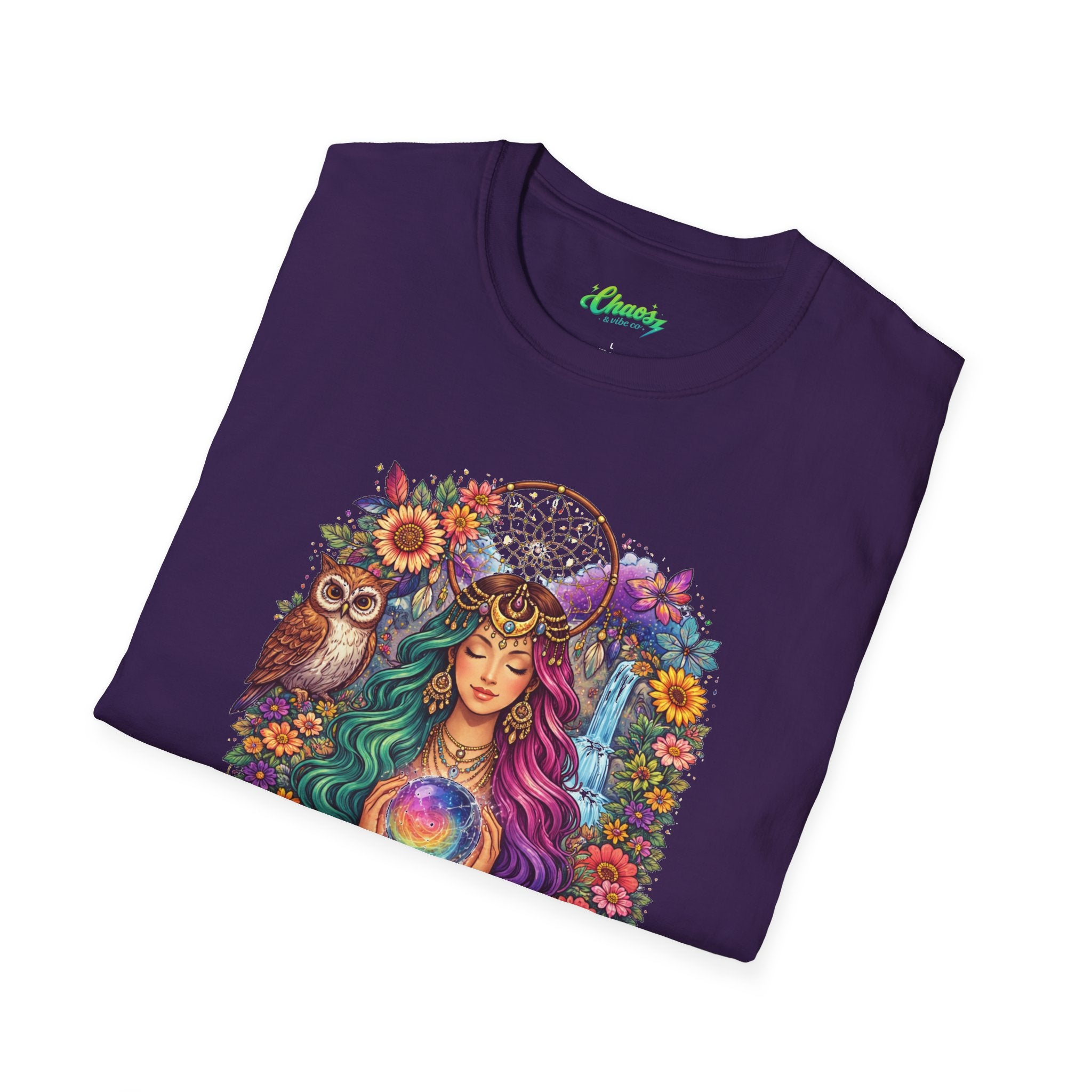 Goddess with Crystal Ball T-Shirt | Boho Mystic Woman, Owl, Dreamcatcher