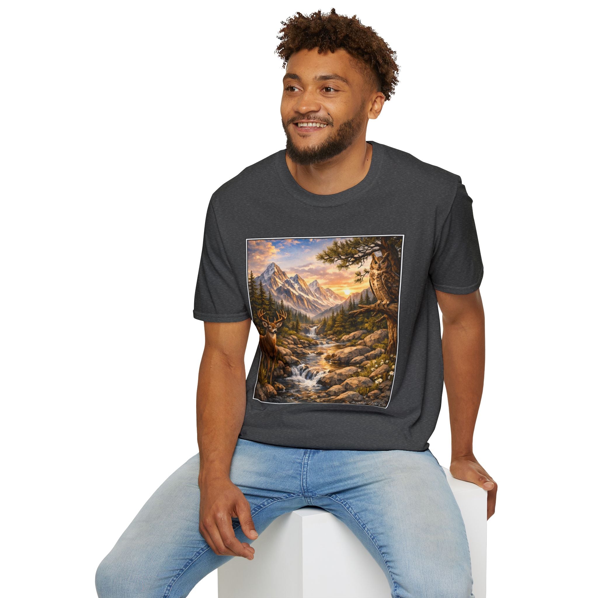 Unisex Softstyle T-Shirt mountain creek nature theme with deer and owl