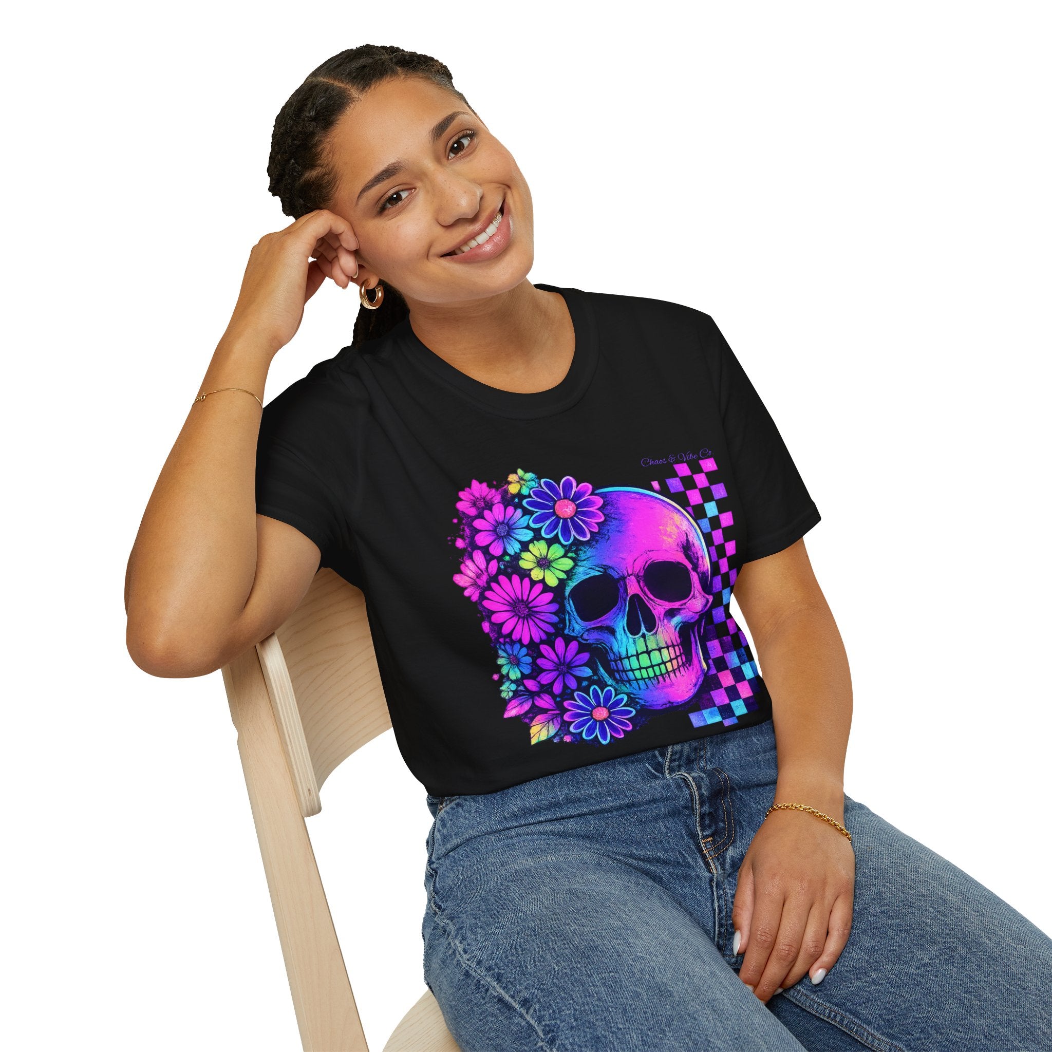 Unisex floral skull checker Softstyle T-Shirt