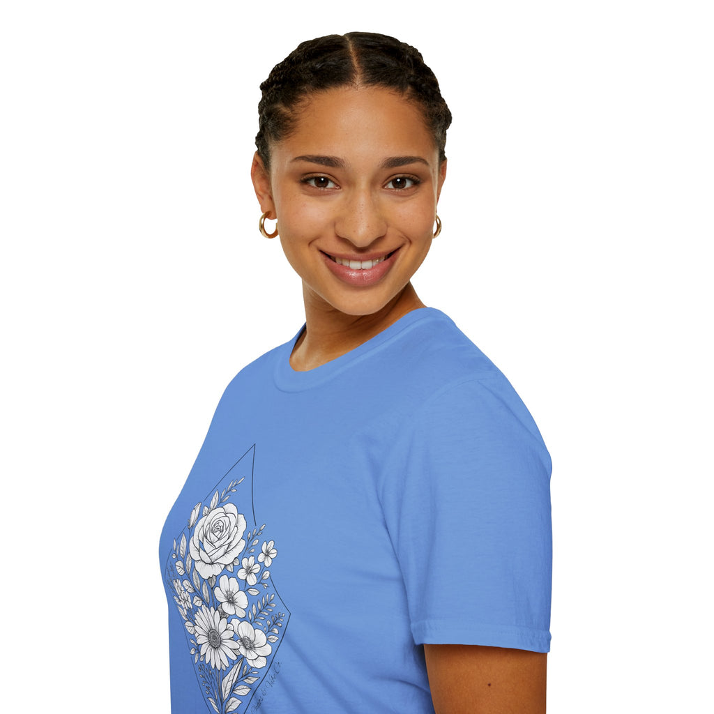 Unisex Floral Diamond Line Art T-Shirt — Botanical Sketch Graphic Tee