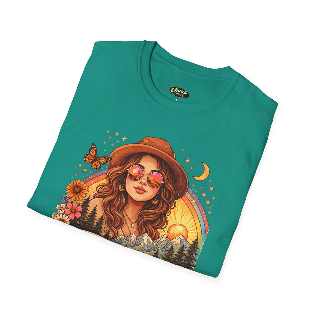 Boho Camper Girl T-Shirt | Retro Van, Campfire, Floral Sunset