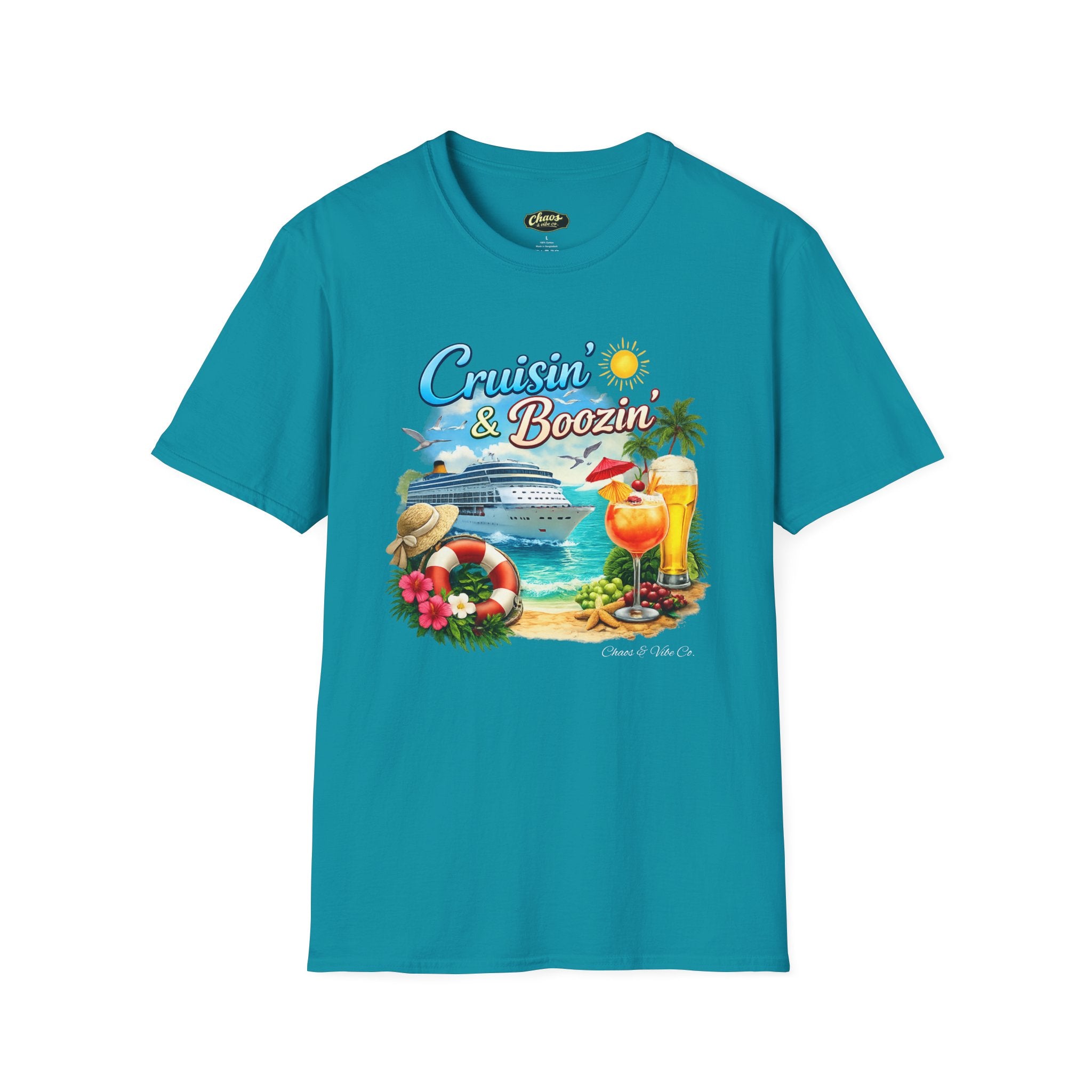 Unisex Cruisin' & Boozin' cruise ship beach cocktails T-Shirt | Tropical vacation tee
