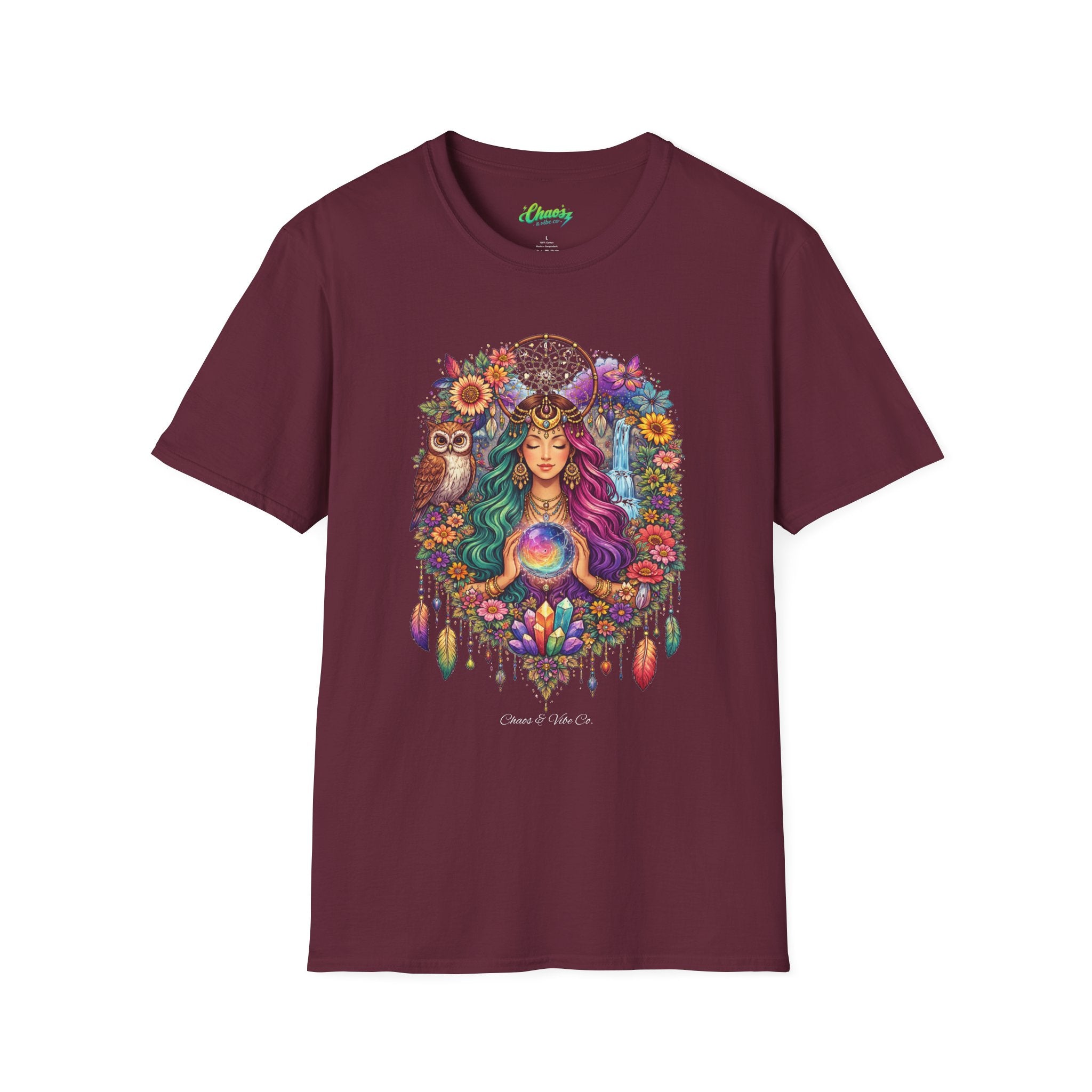 Goddess with Crystal Ball T-Shirt | Boho Mystic Woman, Owl, Dreamcatcher