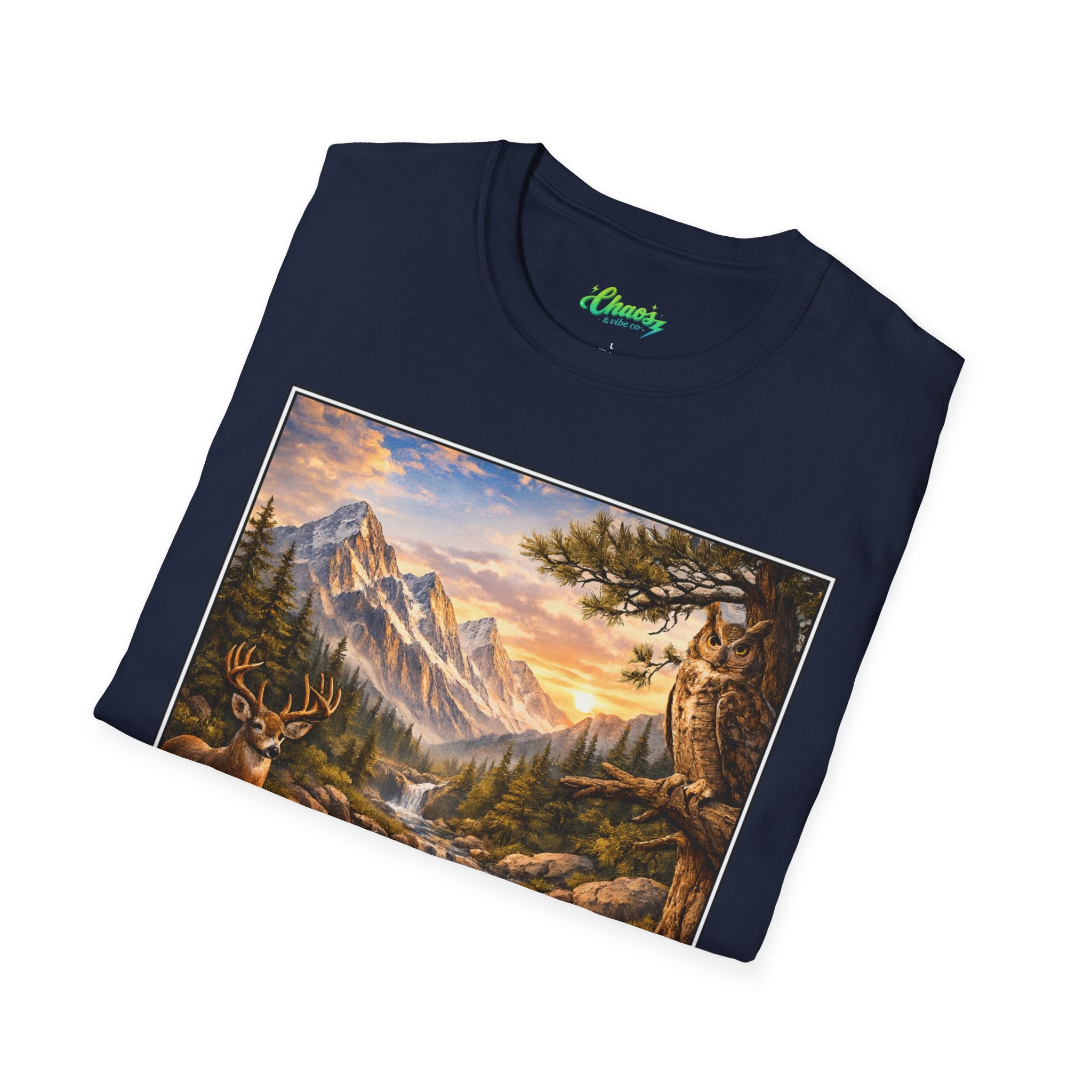 Unisex Softstyle T-Shirt mountain creek nature theme with deer and owl