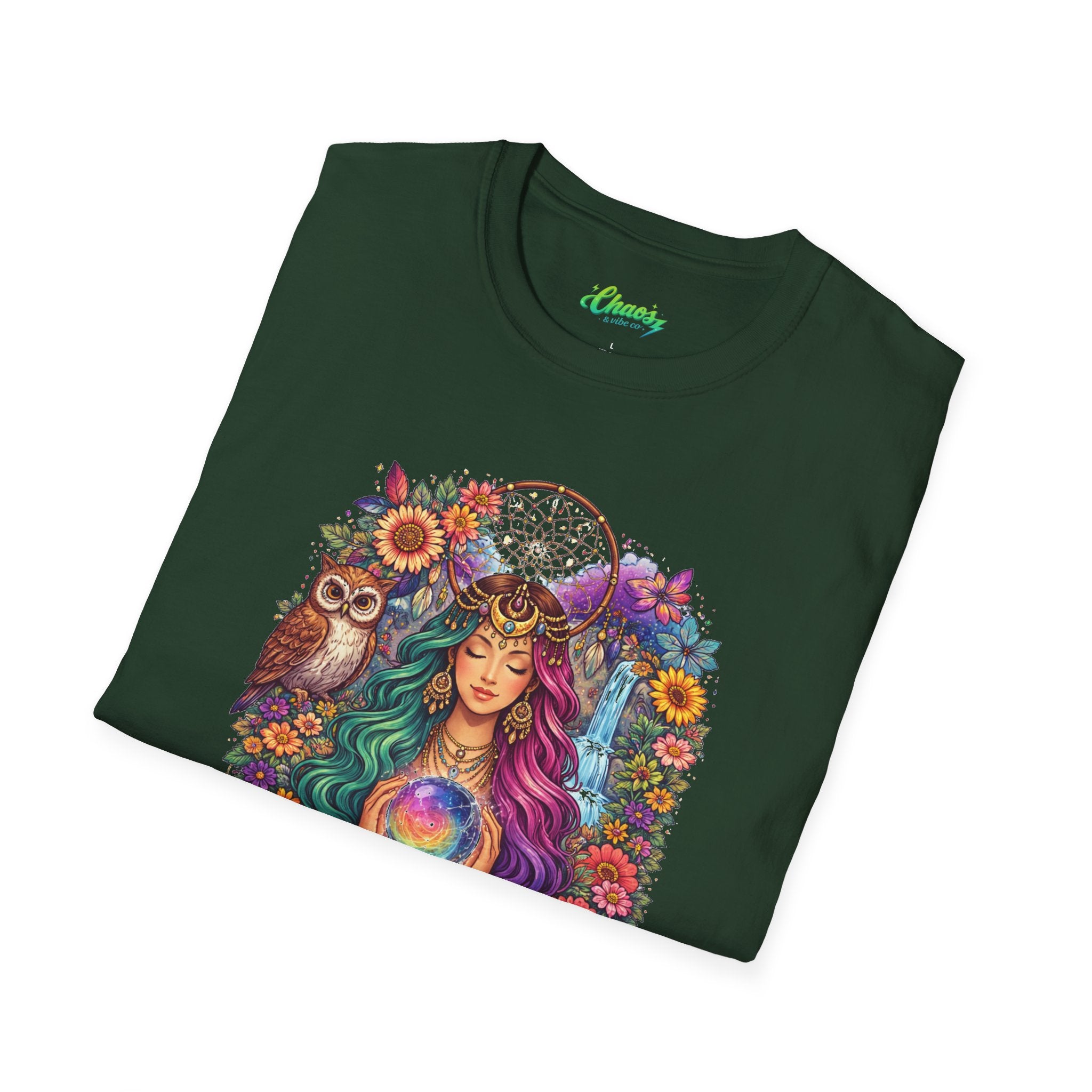 Goddess with Crystal Ball T-Shirt | Boho Mystic Woman, Owl, Dreamcatcher