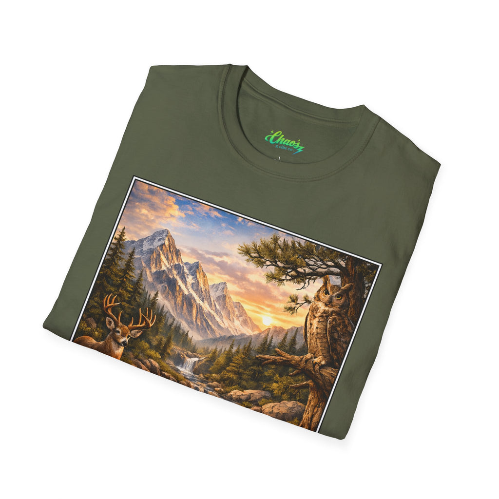 Unisex Softstyle T-Shirt mountain creek nature theme with deer and owl