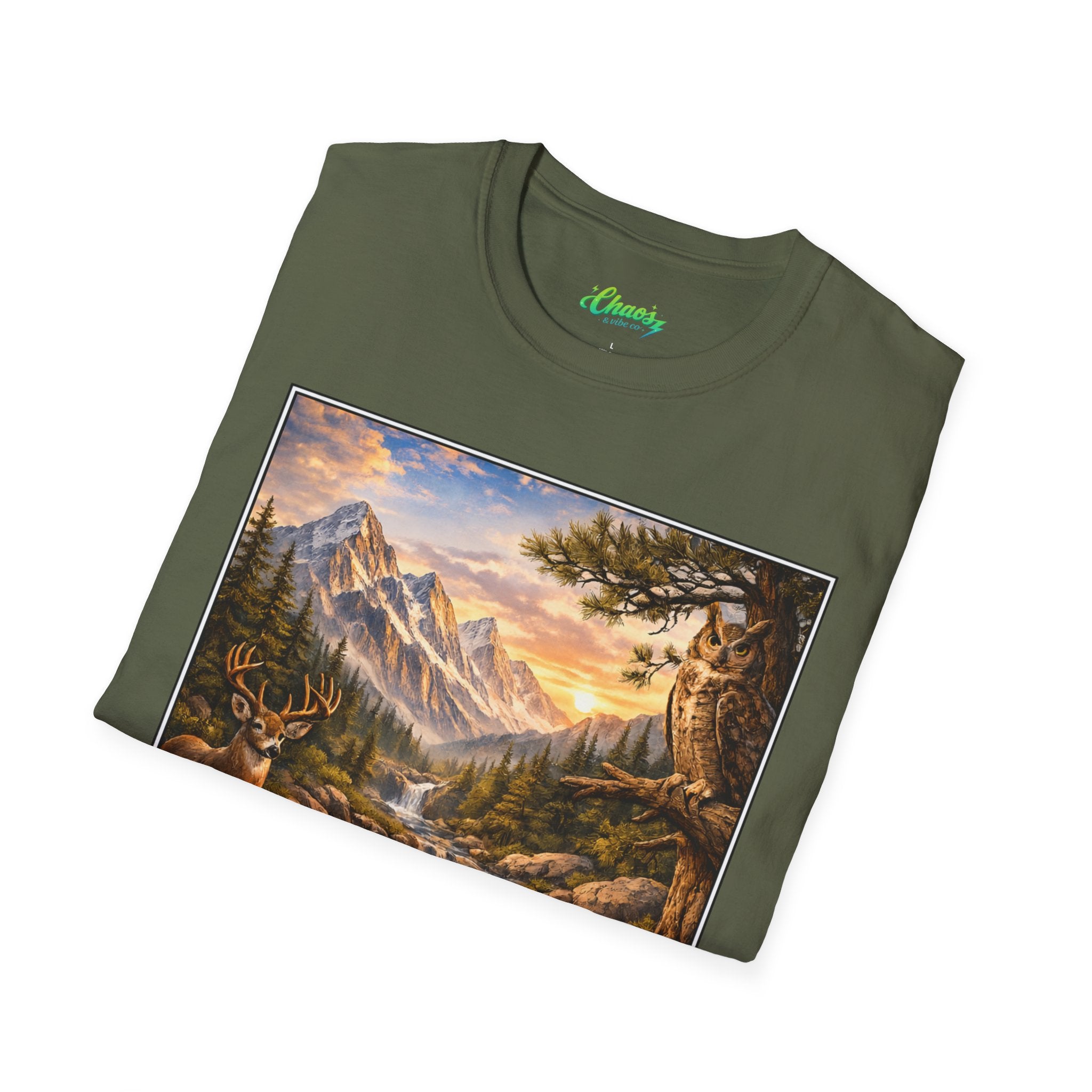 Unisex Softstyle T-Shirt mountain creek nature theme with deer and owl