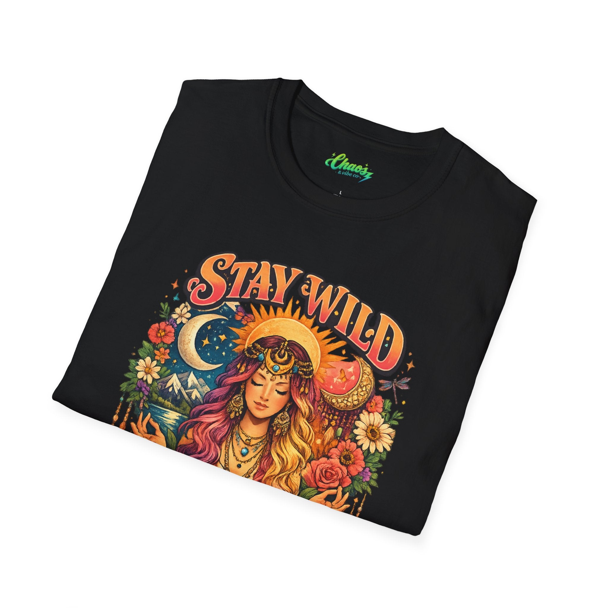 Stay Wild Moon Child T-Shirt | Boho Goddess Moon Phases Floral Graphic