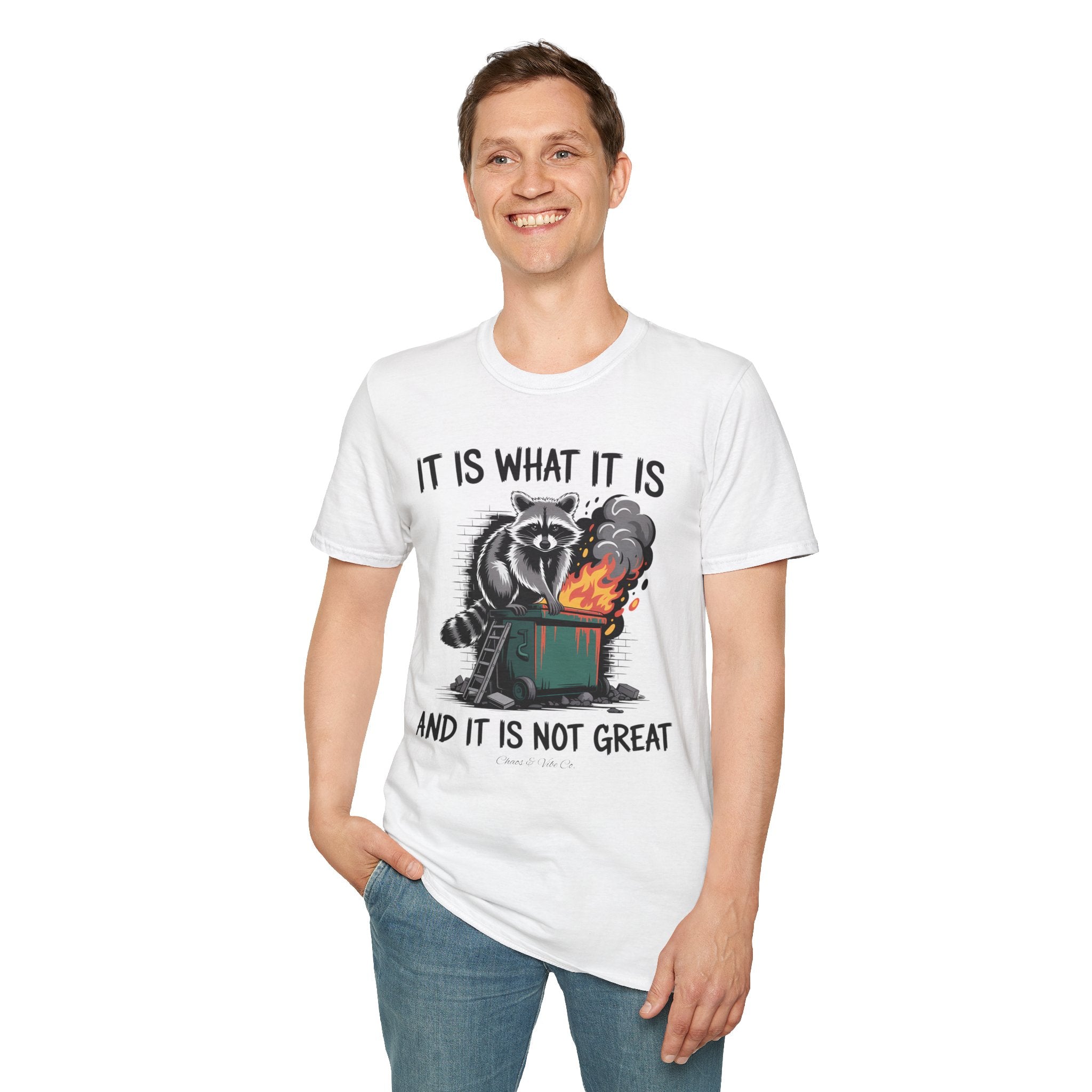 Unisex Dumpster Fire Raccoon T-Shirt – "It Is What It Is And It Is Not Great" Graphic Tee