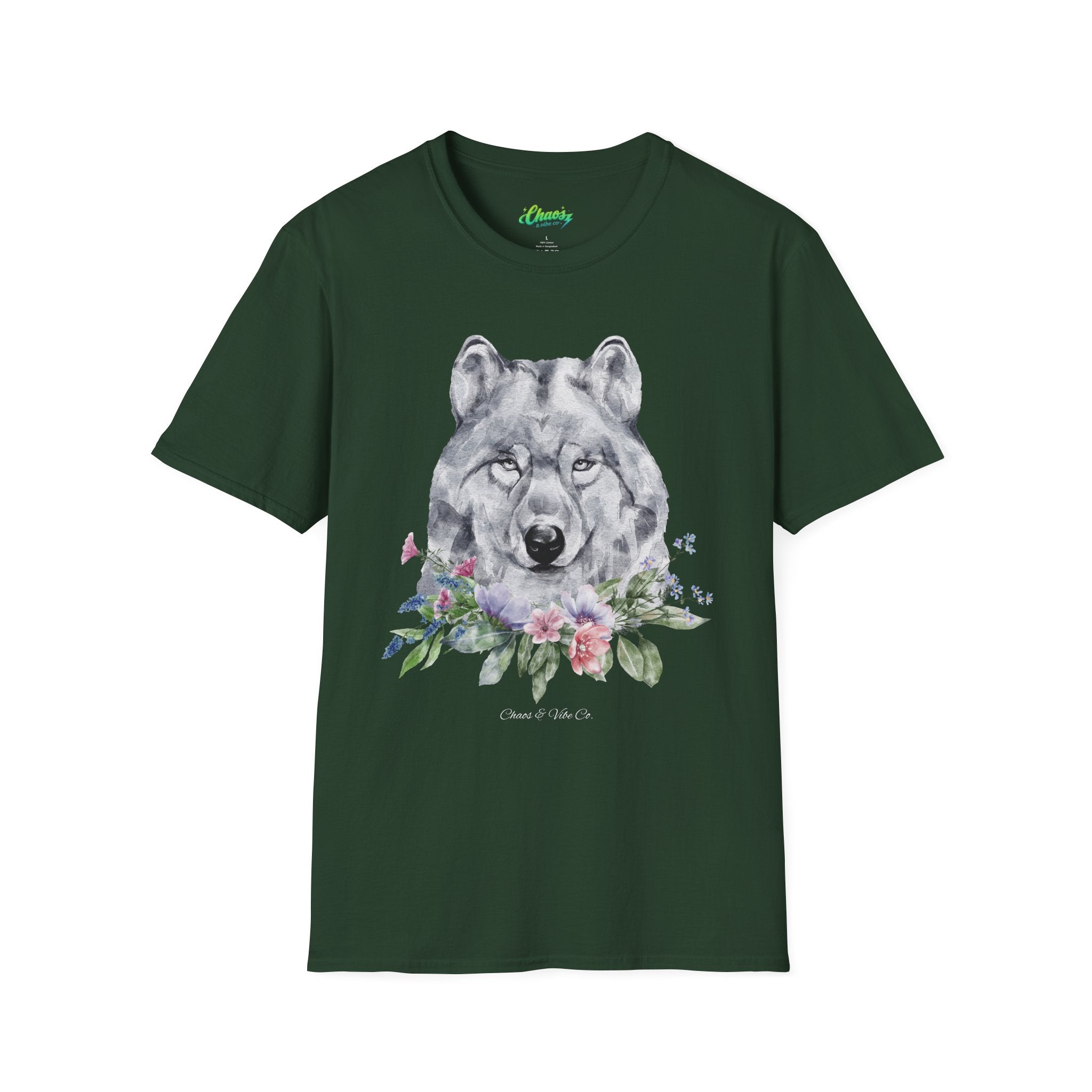 Unisex Wolf Floral T-Shirt — Watercolor Wolf Head with Flowers