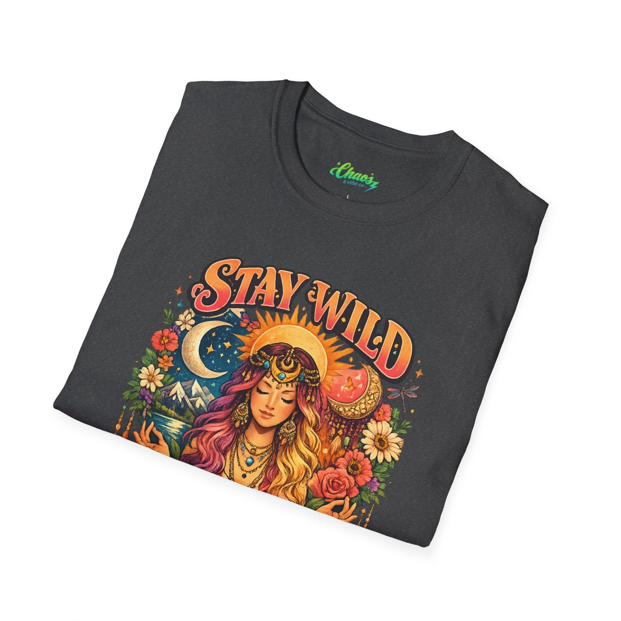 Stay Wild Moon Child T-Shirt | Boho Goddess Moon Phases Floral Graphic