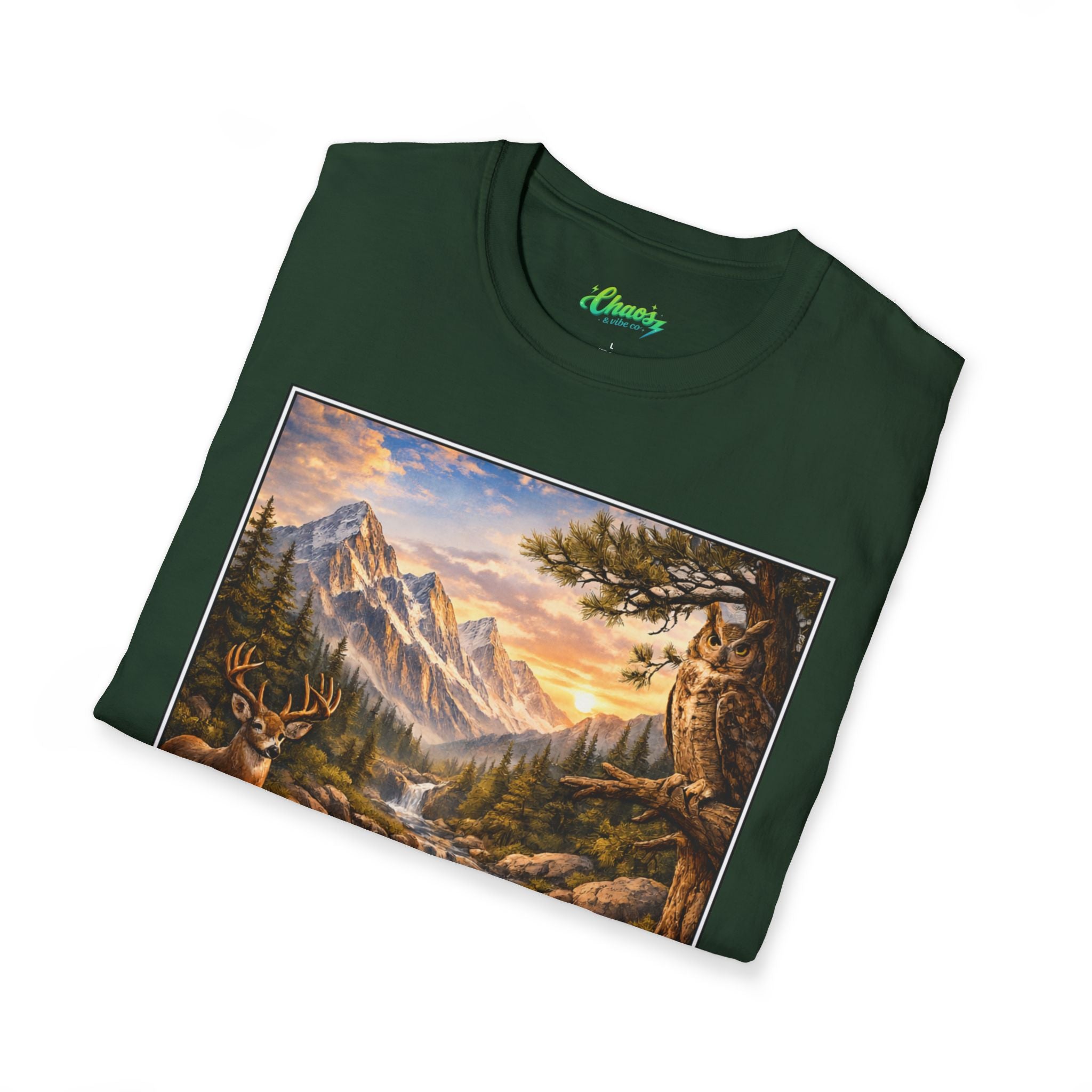 Unisex Softstyle T-Shirt mountain creek nature theme with deer and owl