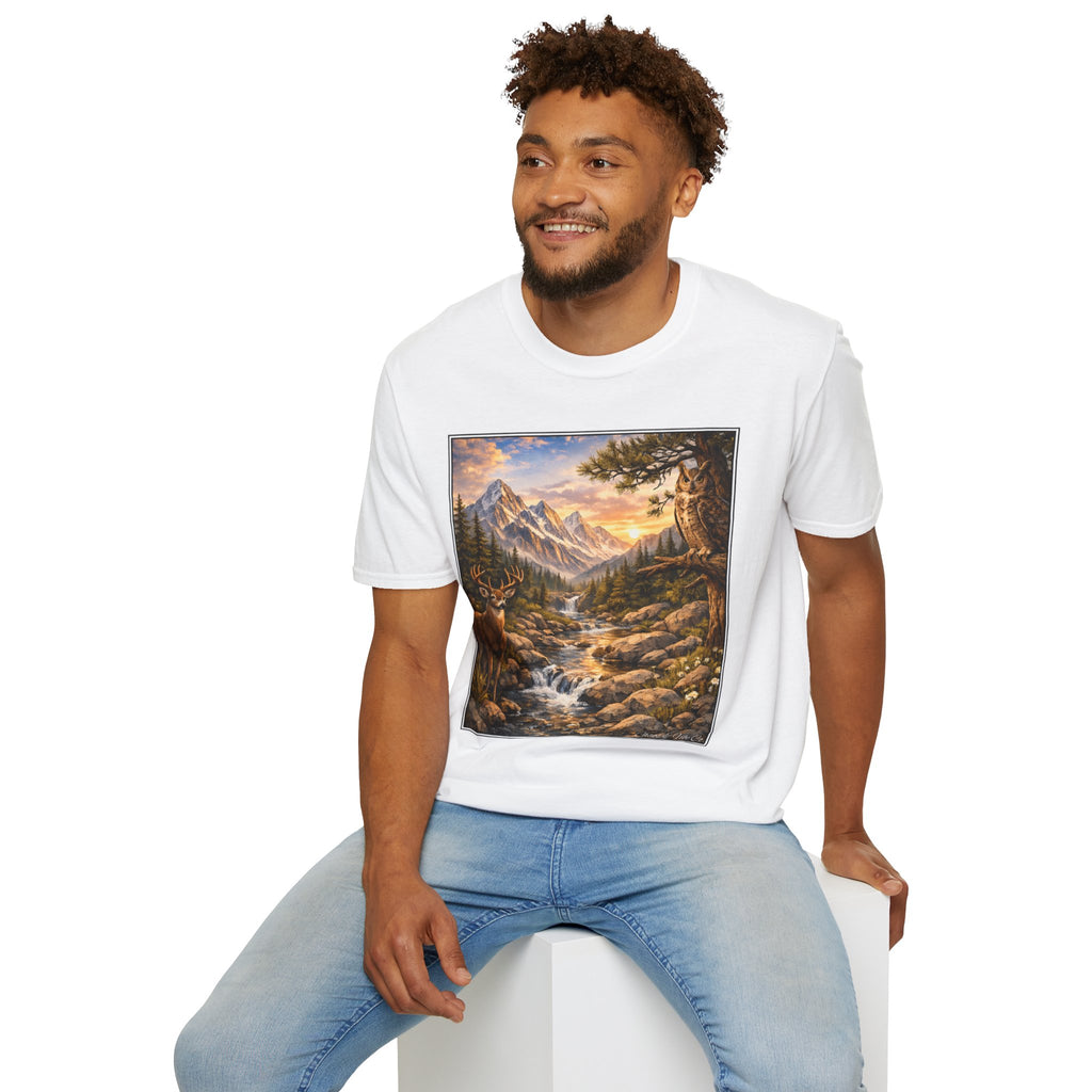 Unisex Softstyle T-Shirt mountain creek nature theme with deer and owl