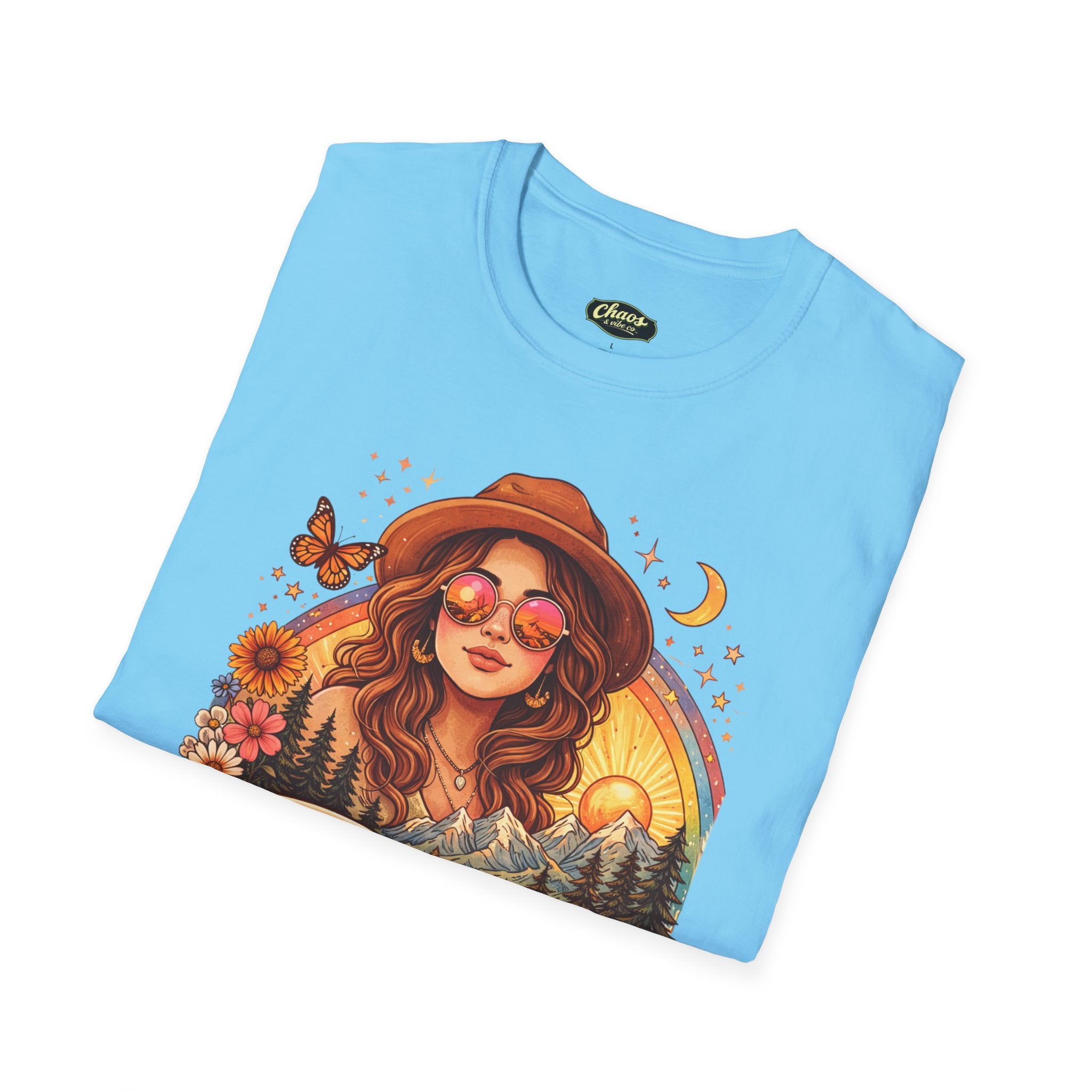 Boho Camper Girl T-Shirt | Retro Van, Campfire, Floral Sunset