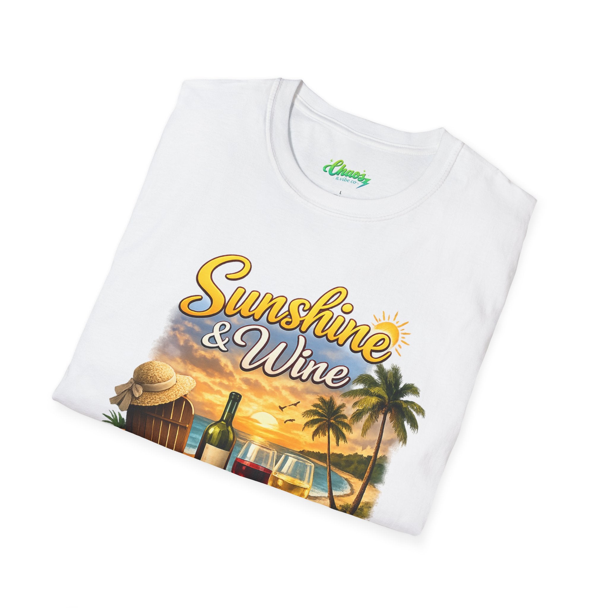 Unisex Sunshine & Wine T-Shirt | Tropical Beach, Palm Trees, Wine Glasses
