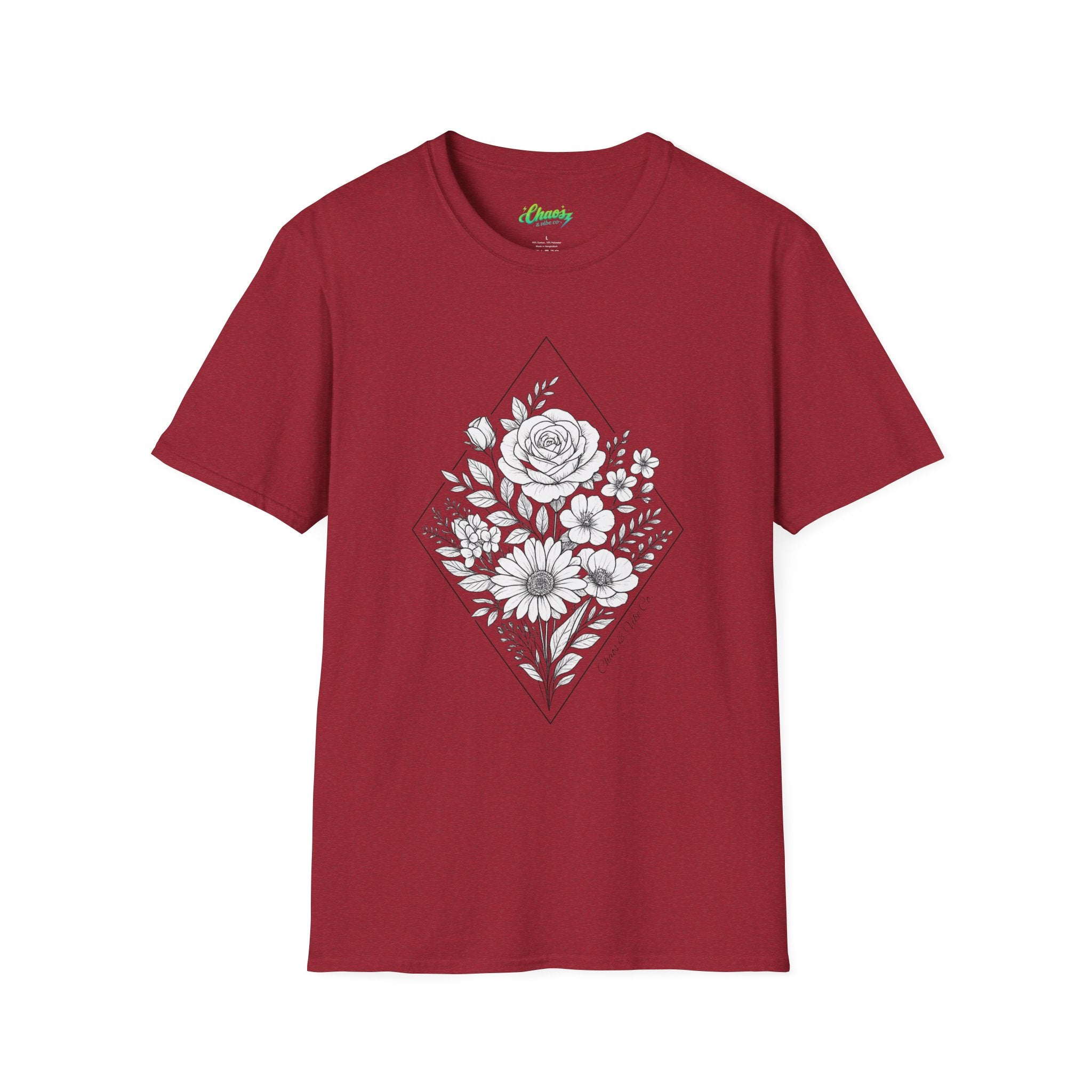 Unisex Floral Diamond Line Art T-Shirt — Botanical Sketch Graphic Tee
