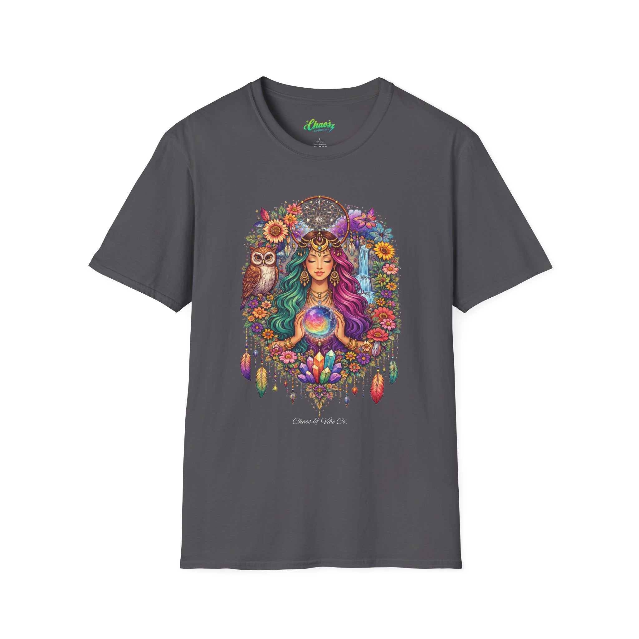 Goddess with Crystal Ball T-Shirt | Boho Mystic Woman, Owl, Dreamcatcher