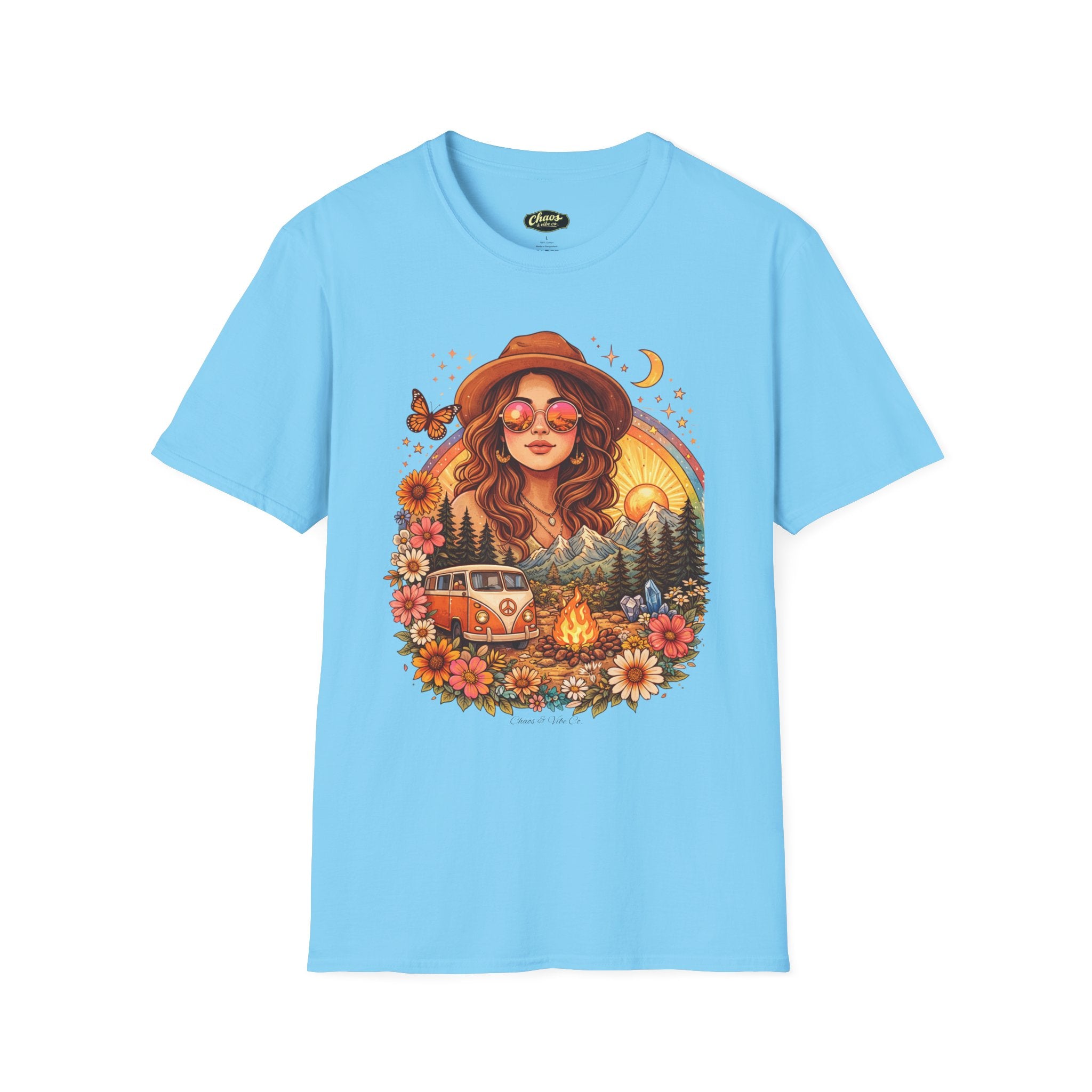 Boho Camper Girl T-Shirt | Retro Van, Campfire, Floral Sunset