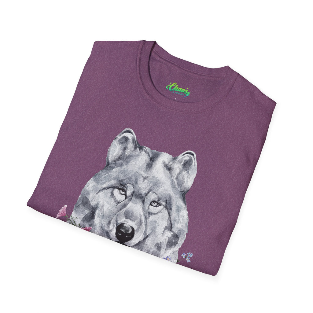 Unisex Wolf Floral T-Shirt — Watercolor Wolf Head with Flowers