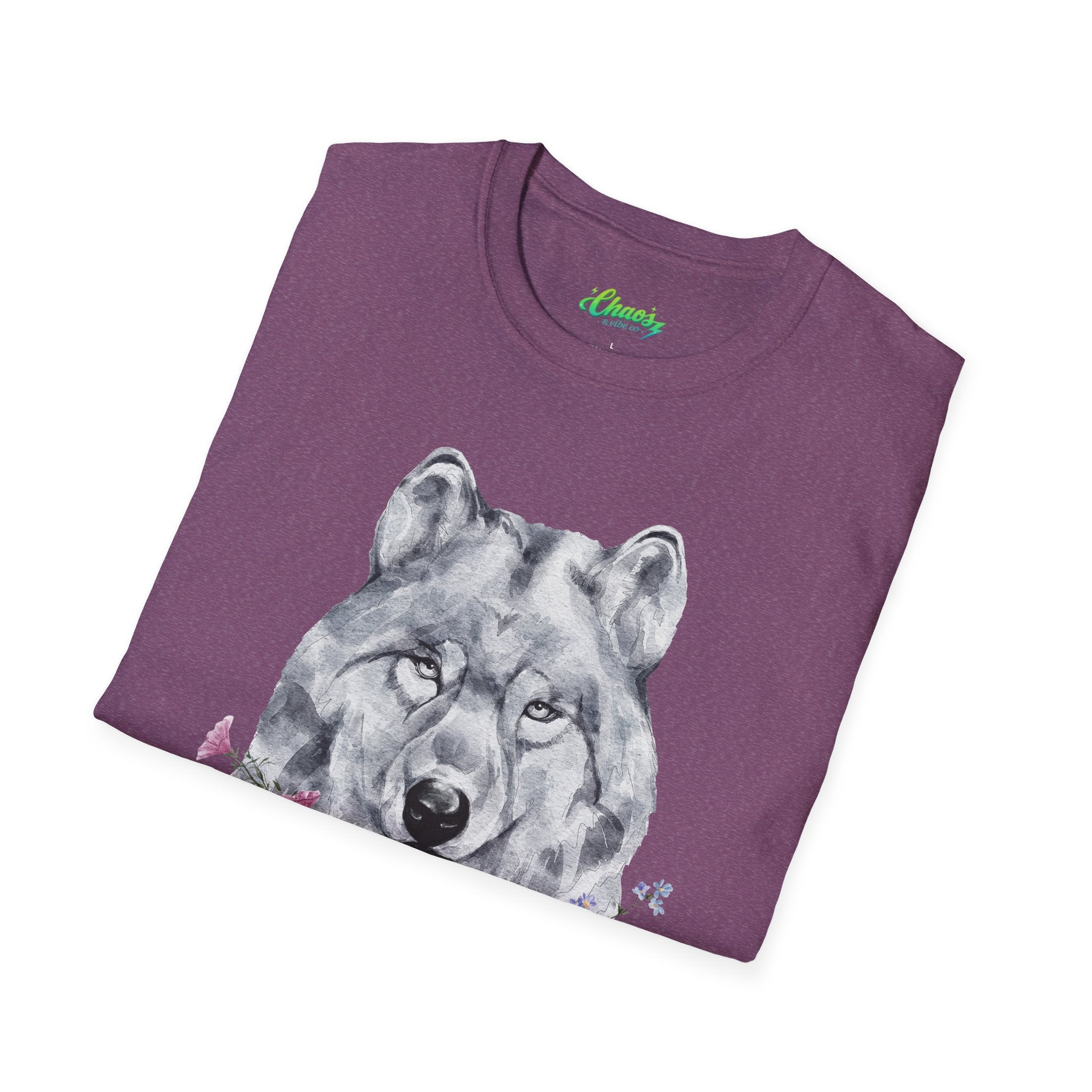 Unisex Wolf Floral T-Shirt — Watercolor Wolf Head with Flowers