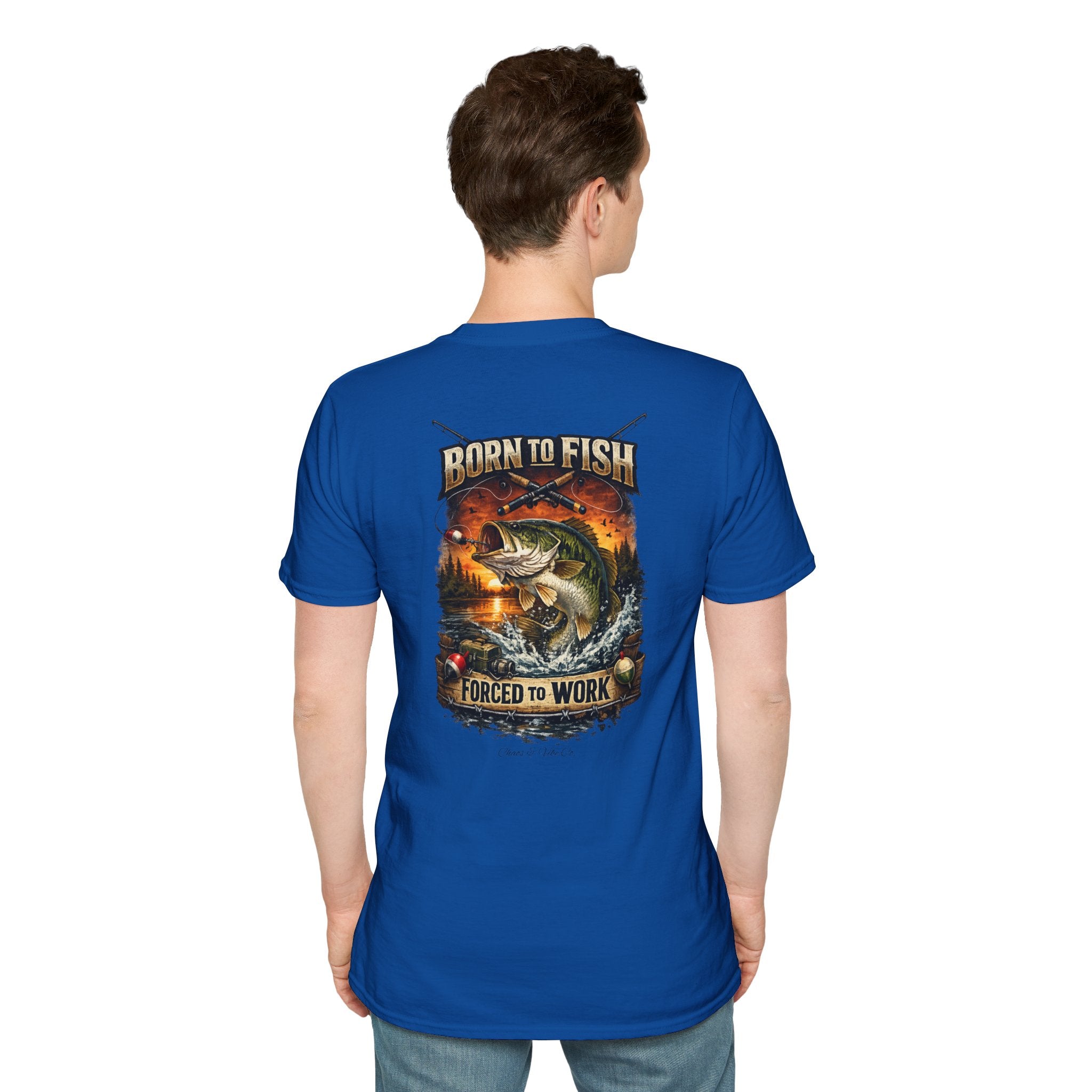 Unisex Born to Fish T-Shirt — Fishing Graphic Tee ("Born to Fish, Forced to Work")