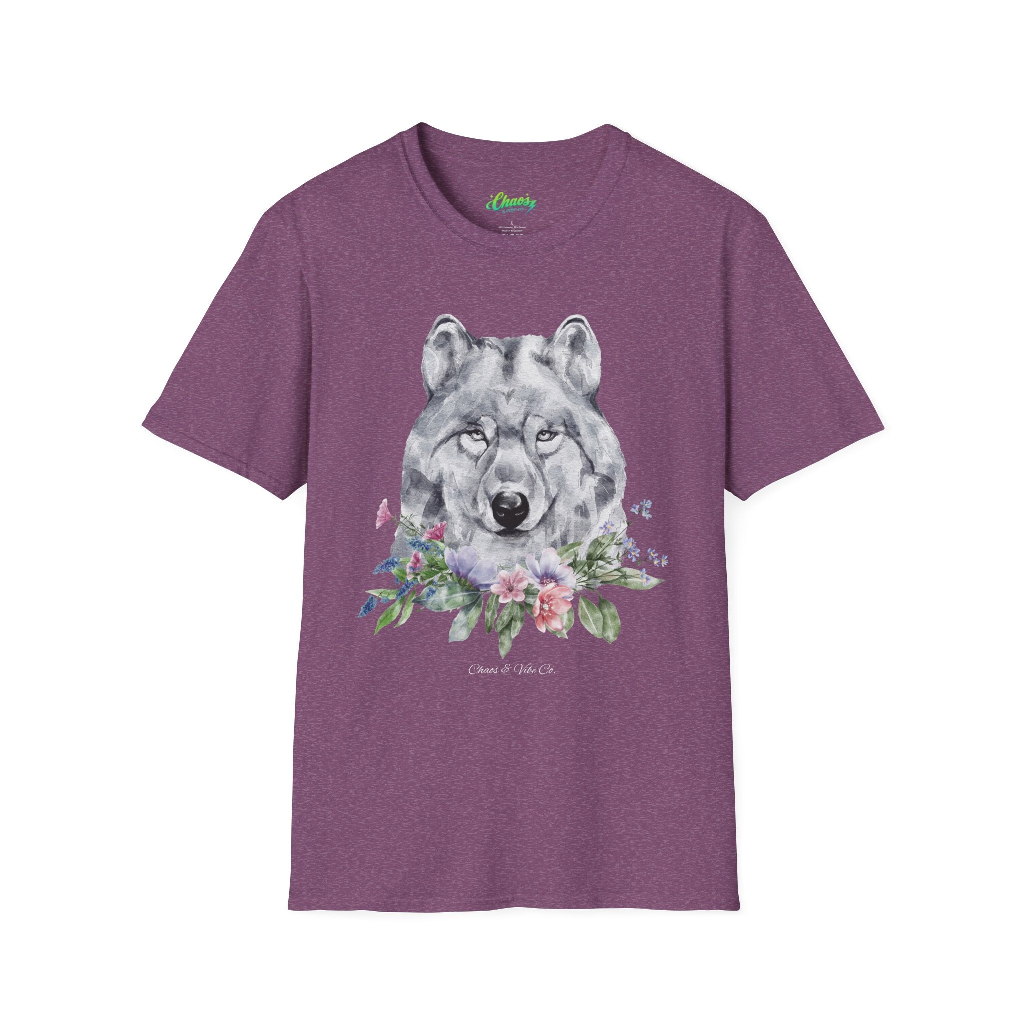 Unisex Wolf Floral T-Shirt — Watercolor Wolf Head with Flowers
