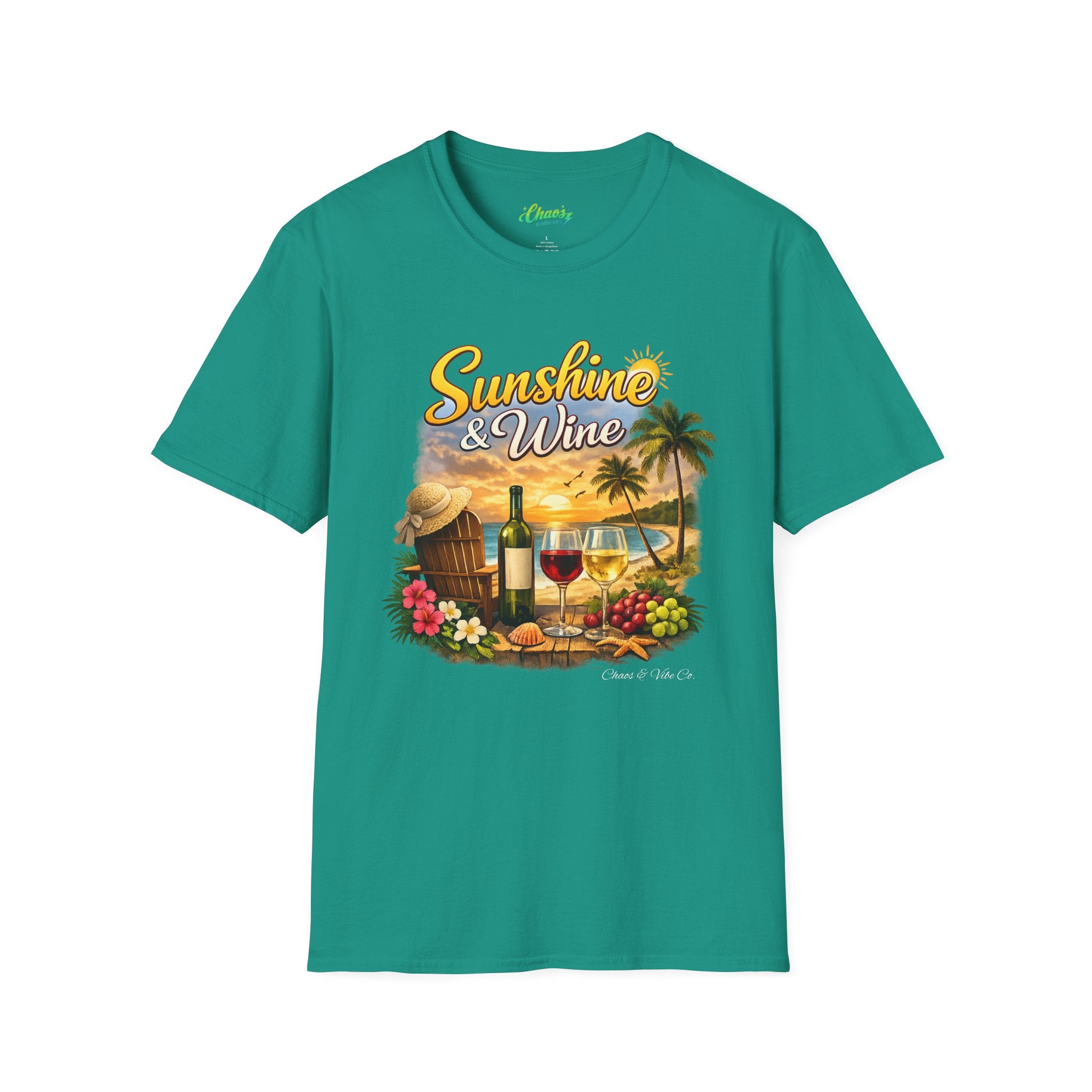 Unisex Sunshine & Wine T-Shirt | Tropical Beach, Palm Trees, Wine Glasses