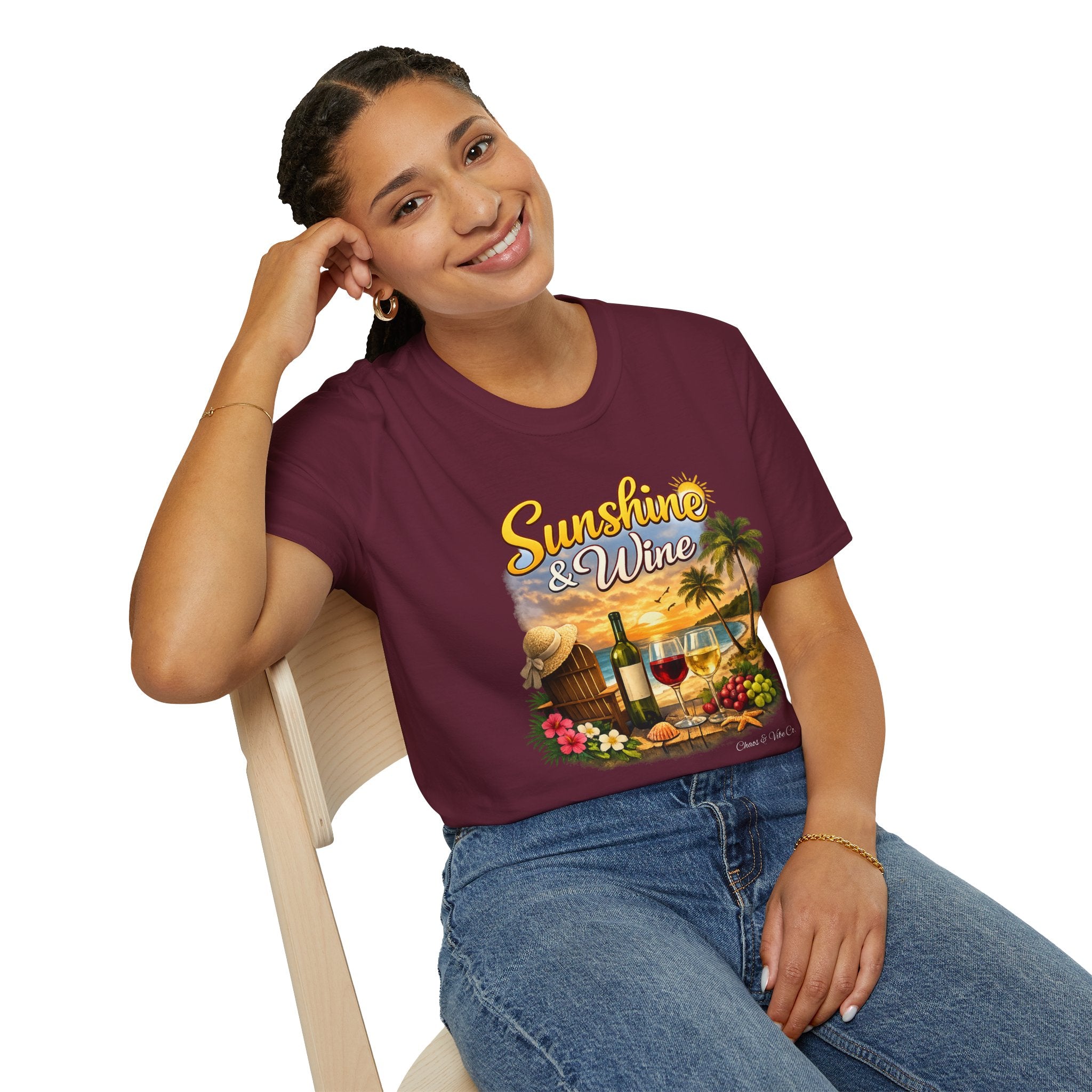 Unisex Sunshine & Wine T-Shirt | Tropical Beach, Palm Trees, Wine Glasses