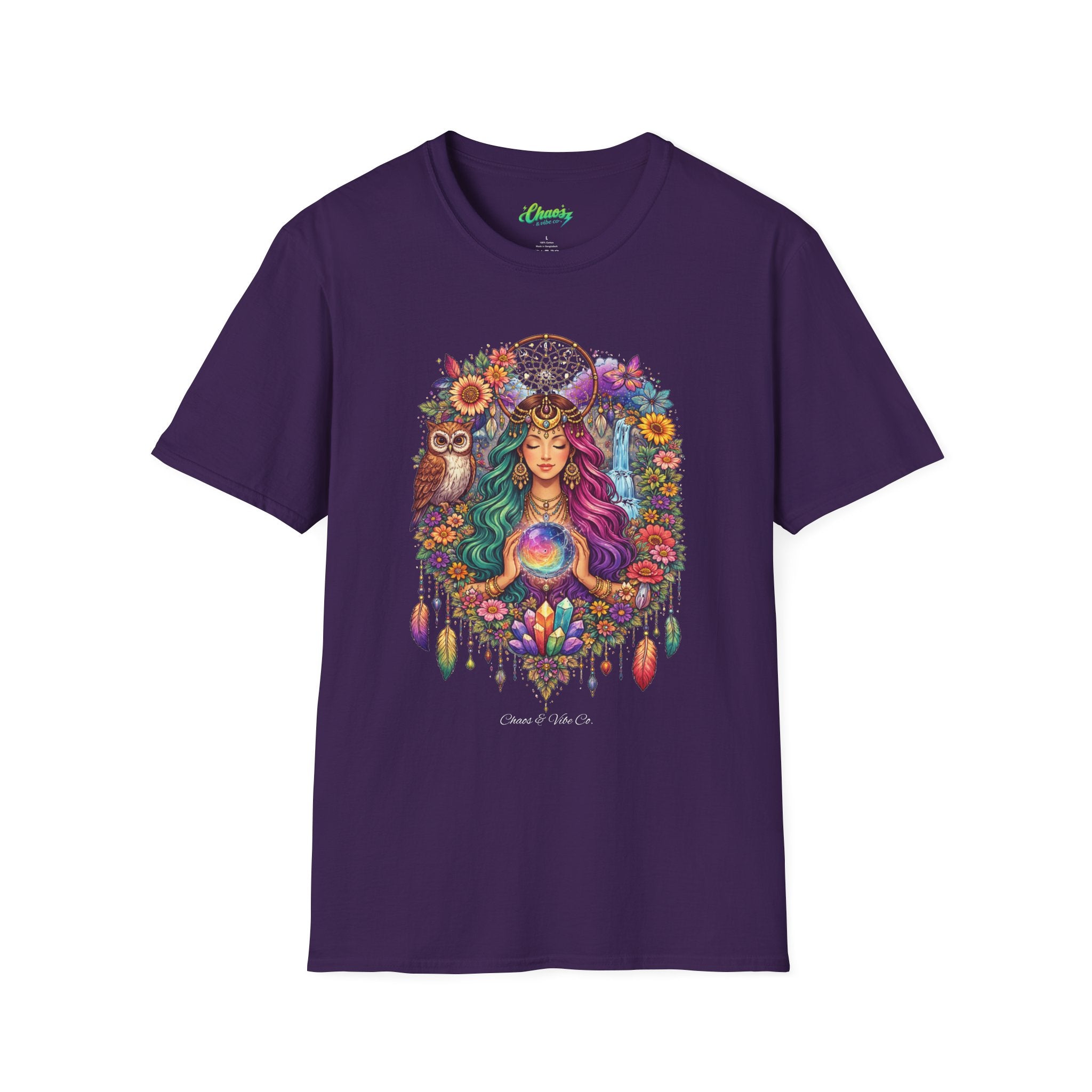 Goddess with Crystal Ball T-Shirt | Boho Mystic Woman, Owl, Dreamcatcher