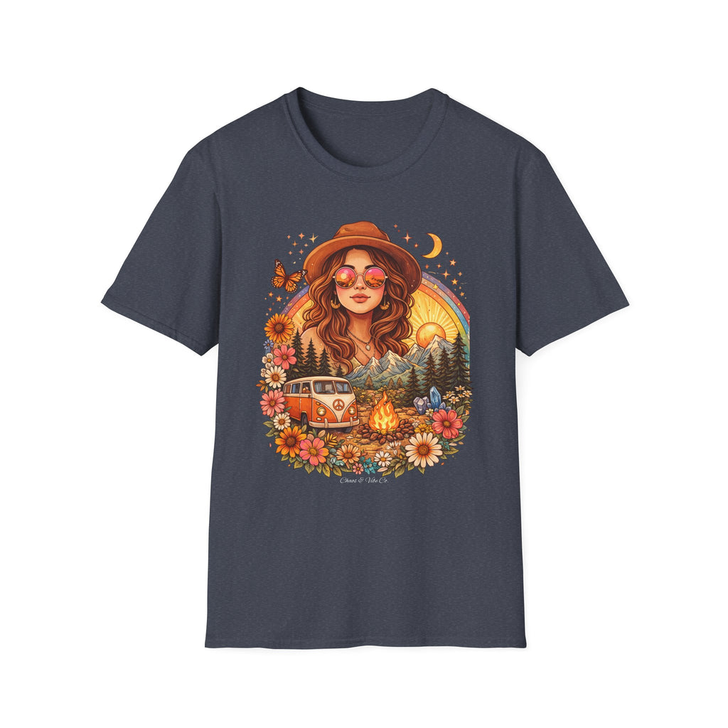 Boho Camper Girl T-Shirt | Retro Van, Campfire, Floral Sunset