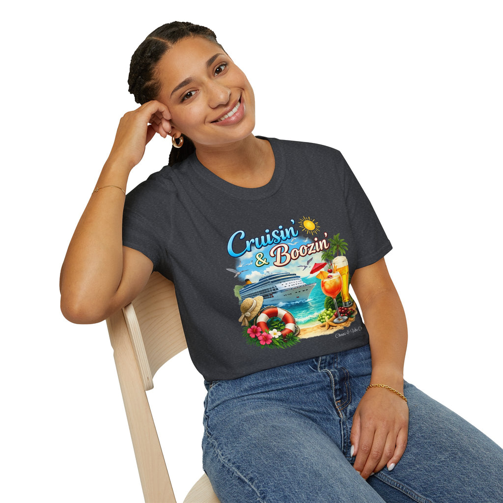 Unisex Cruisin' & Boozin' cruise ship beach cocktails T-Shirt | Tropical vacation tee