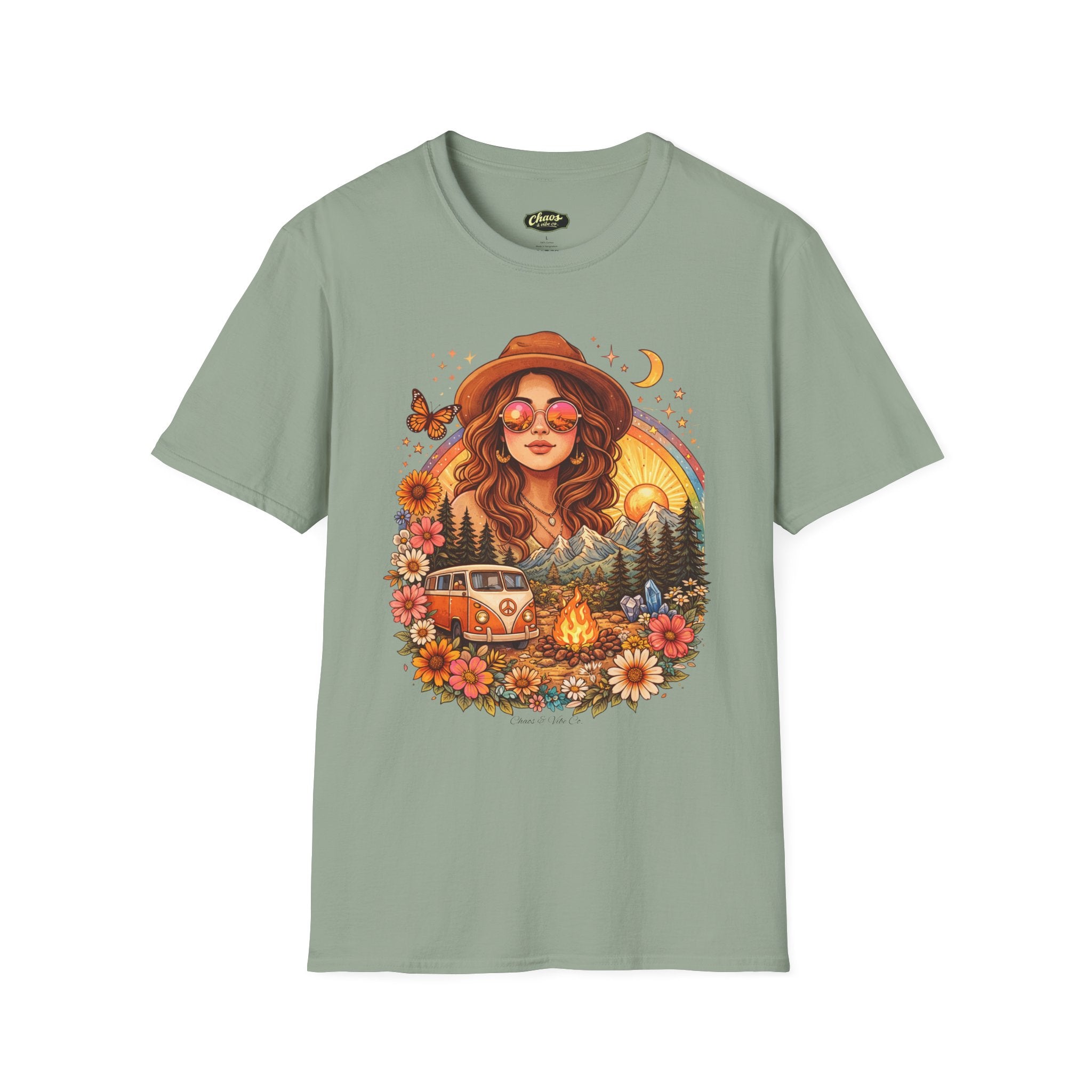 Boho Camper Girl T-Shirt | Retro Van, Campfire, Floral Sunset