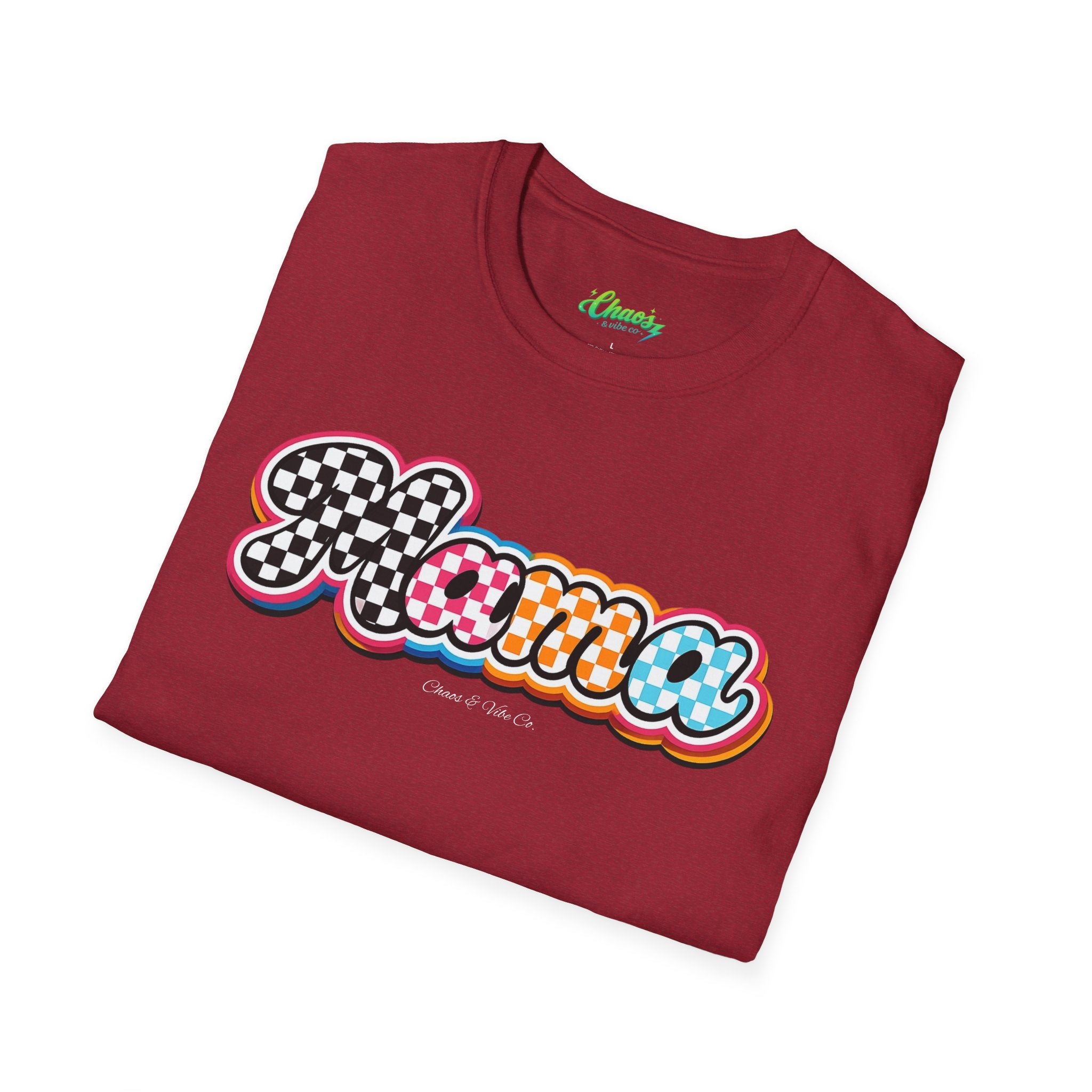 Mama Script Logo T-Shirt | Retro Checkerboard, Rainbow Bubble Letters