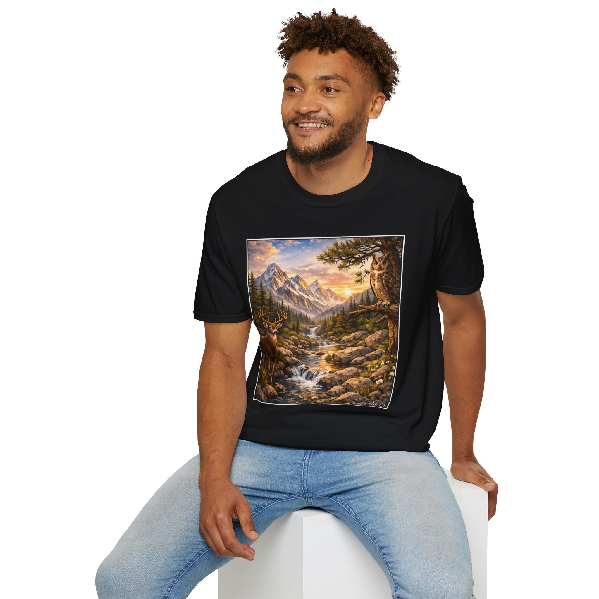 Unisex Softstyle T-Shirt mountain creek nature theme with deer and owl
