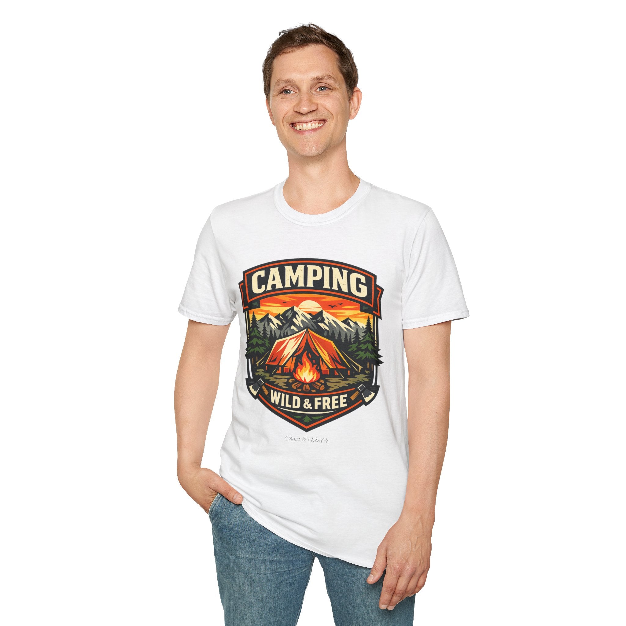 Unisex Camping Wild & Free T-Shirt — Vintage Tent Mountain Outdoor Tee