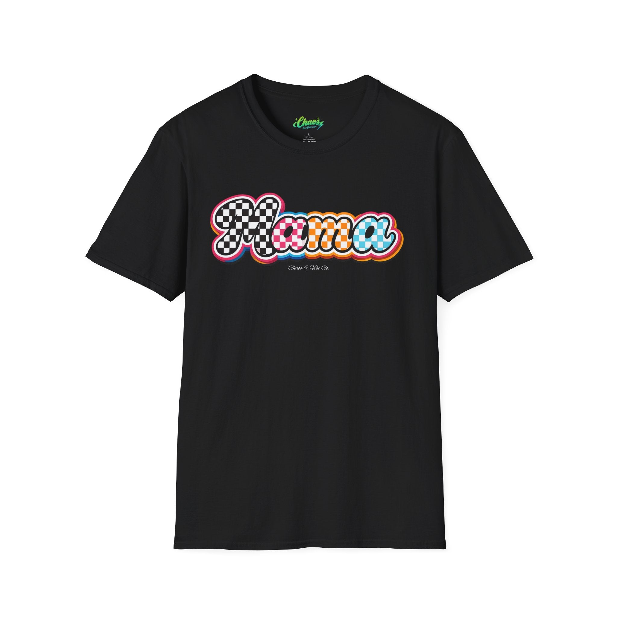 Mama Script Logo T-Shirt | Retro Checkerboard, Rainbow Bubble Letters