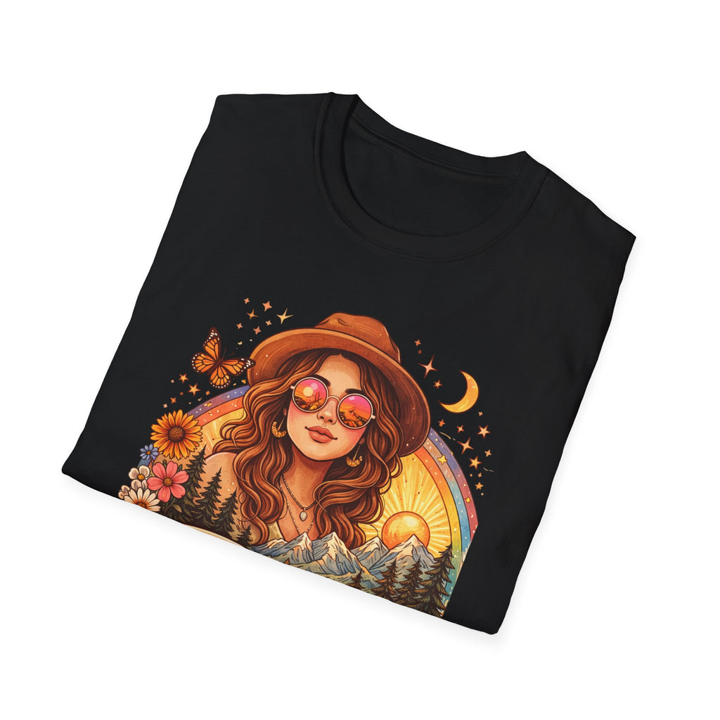 Boho Camper Girl T-Shirt | Retro Van, Campfire, Floral Sunset