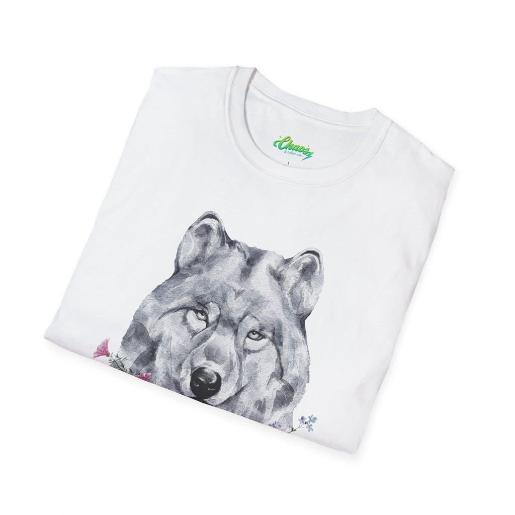 Unisex Wolf Floral T-Shirt — Watercolor Wolf Head with Flowers