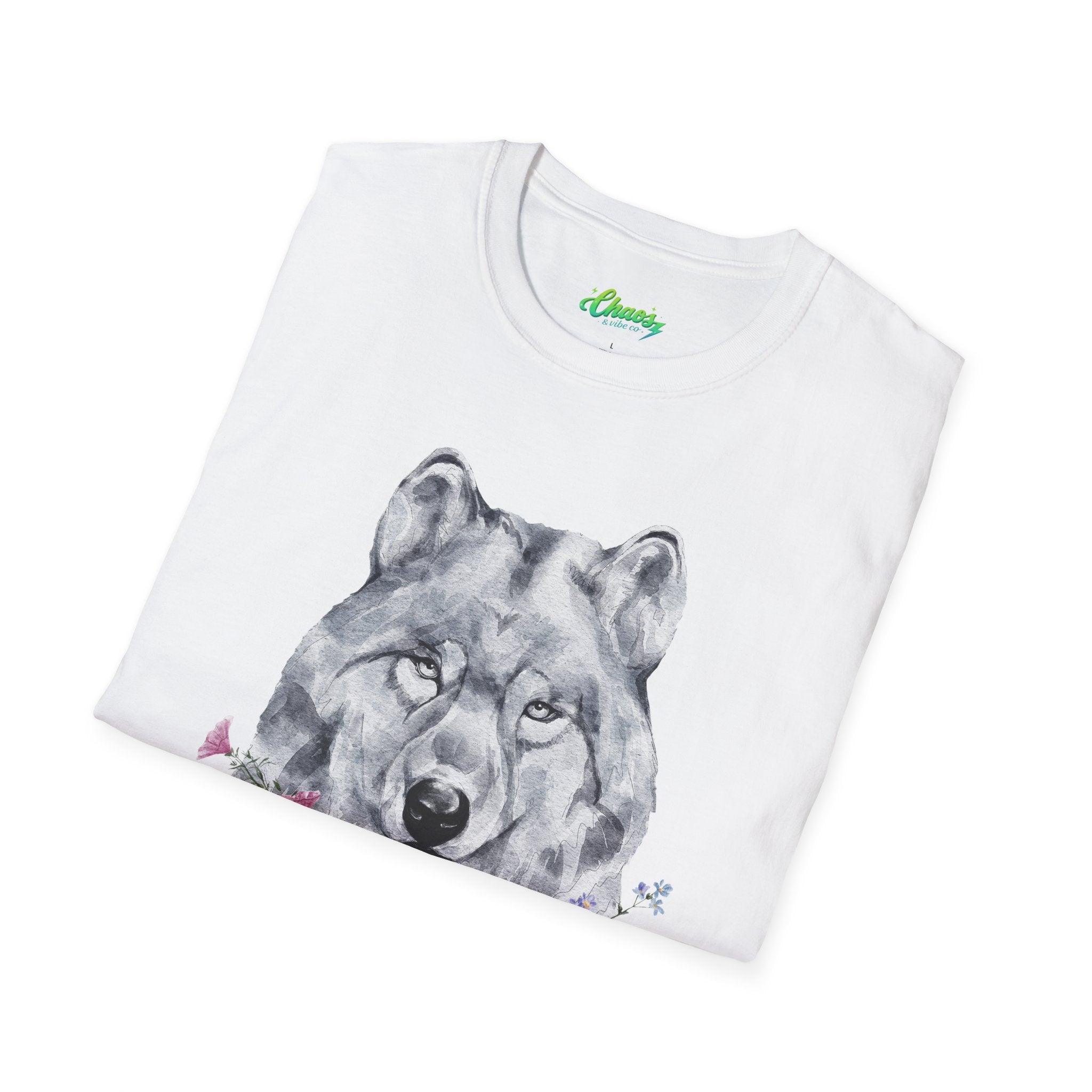 Unisex Wolf Floral T-Shirt — Watercolor Wolf Head with Flowers