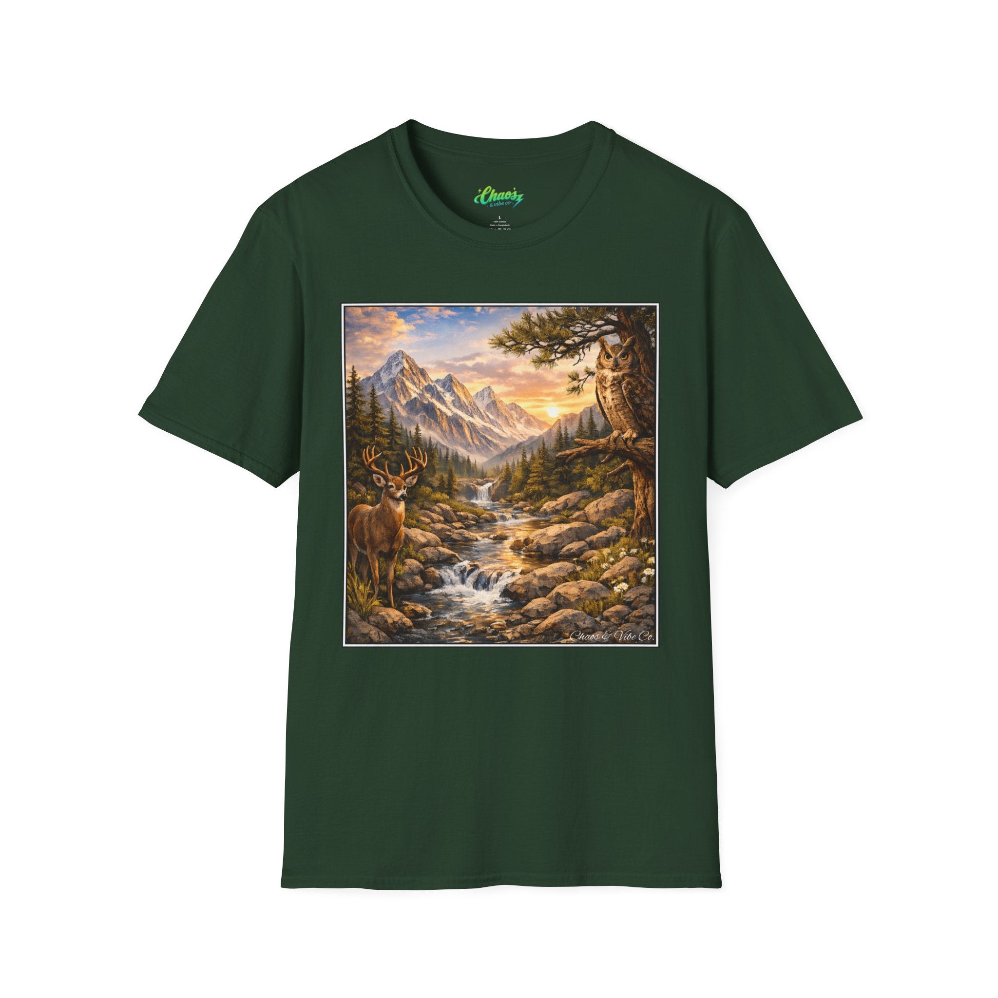 Unisex Softstyle T-Shirt mountain creek nature theme with deer and owl