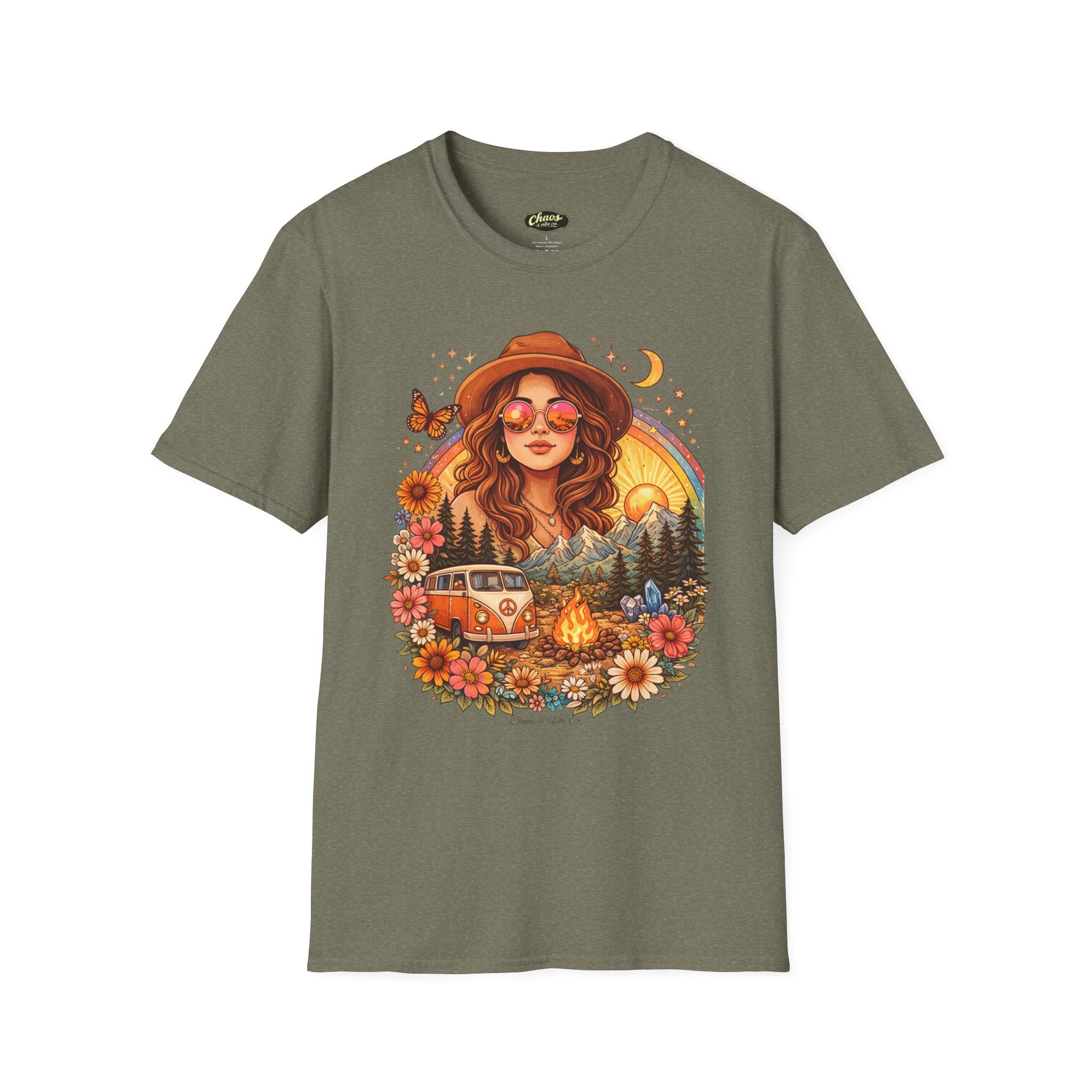 Boho Camper Girl T-Shirt | Retro Van, Campfire, Floral Sunset