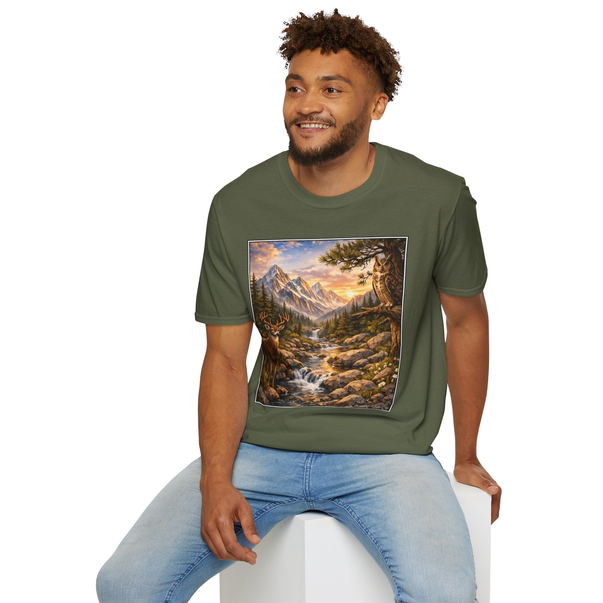Unisex Softstyle T-Shirt mountain creek nature theme with deer and owl
