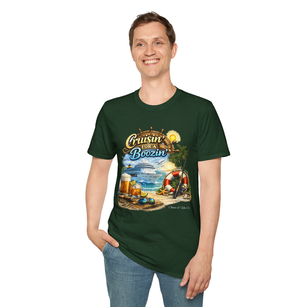 Unisex Cruisin' for a Boozin' T-Shirt | Beach Cruise, Tropical Drinks, Palm Trees