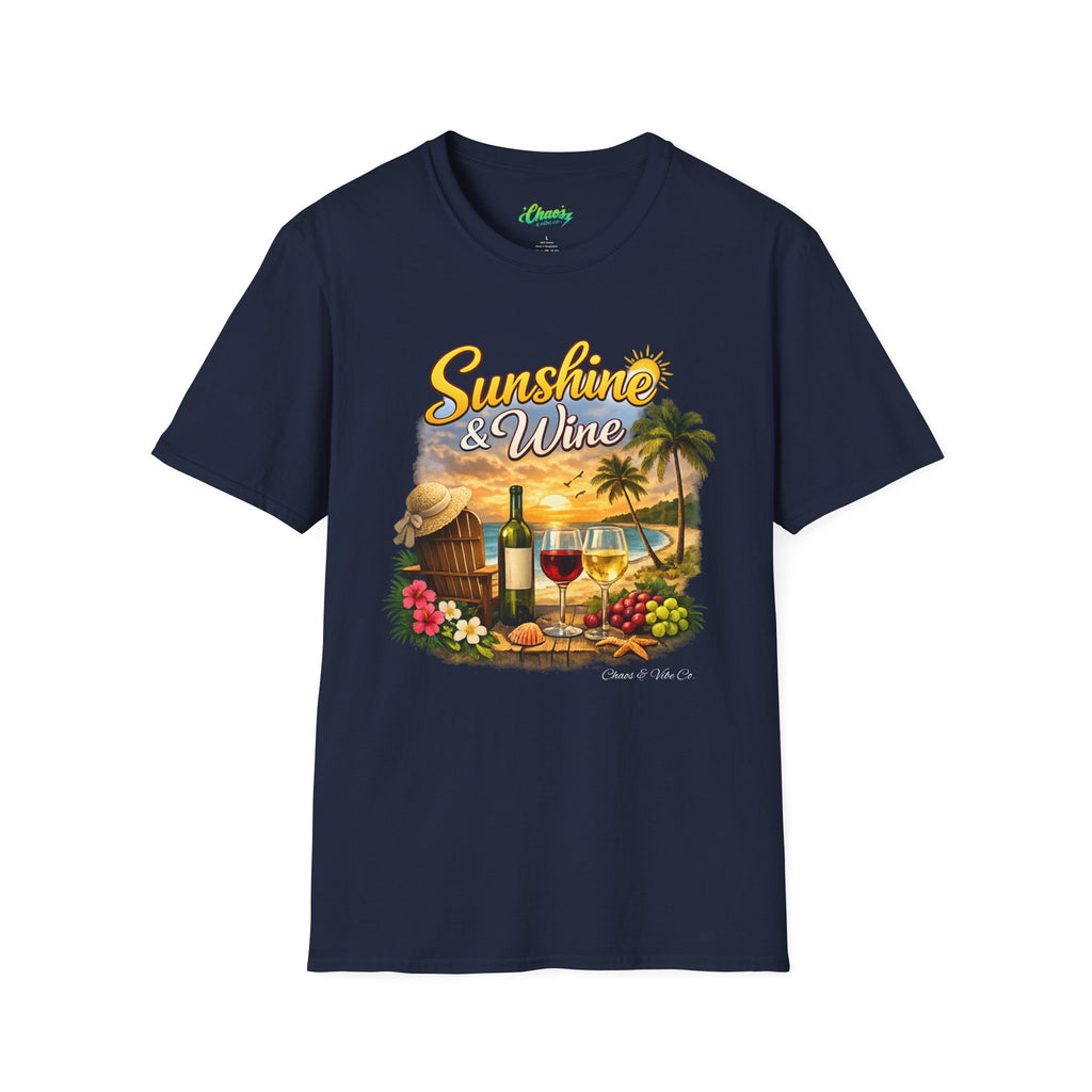 Unisex Sunshine & Wine T-Shirt | Tropical Beach, Palm Trees, Wine Glasses