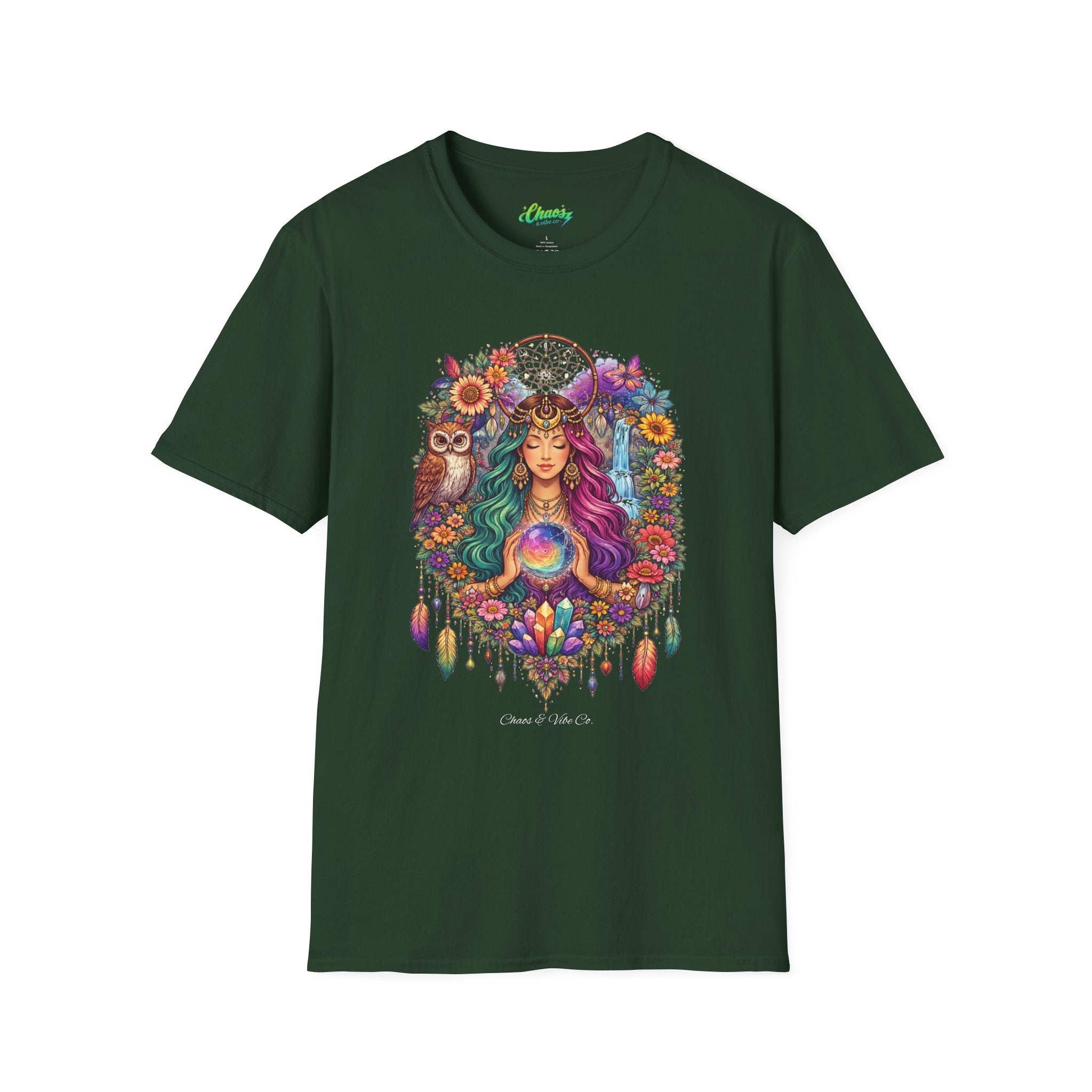 Goddess with Crystal Ball T-Shirt | Boho Mystic Woman, Owl, Dreamcatcher