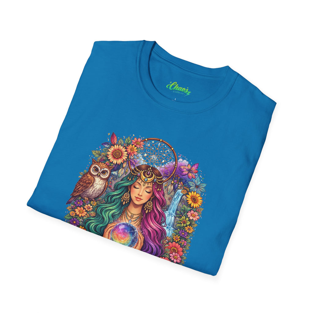 Goddess with Crystal Ball T-Shirt | Boho Mystic Woman, Owl, Dreamcatcher