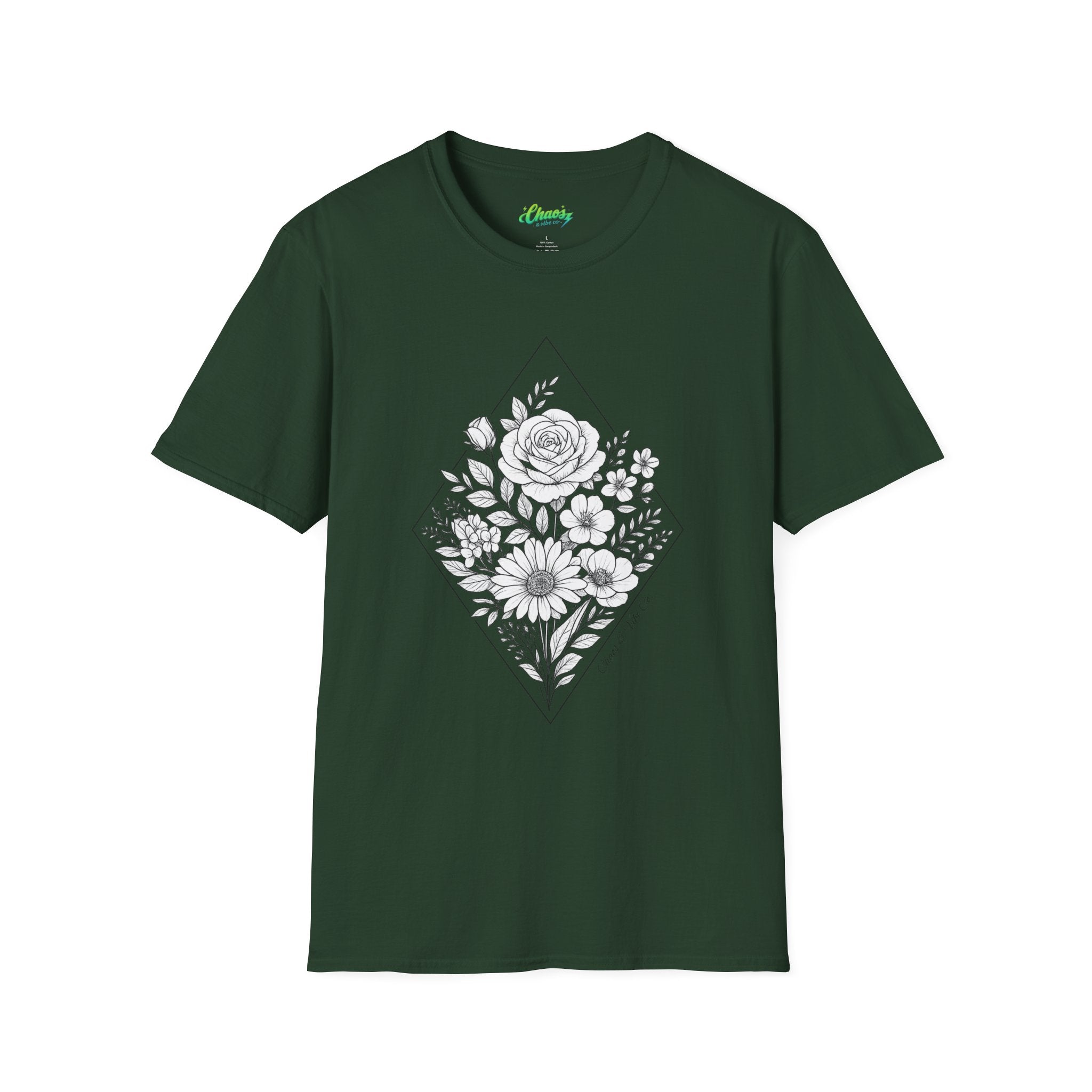 Unisex Floral Diamond Line Art T-Shirt — Botanical Sketch Graphic Tee