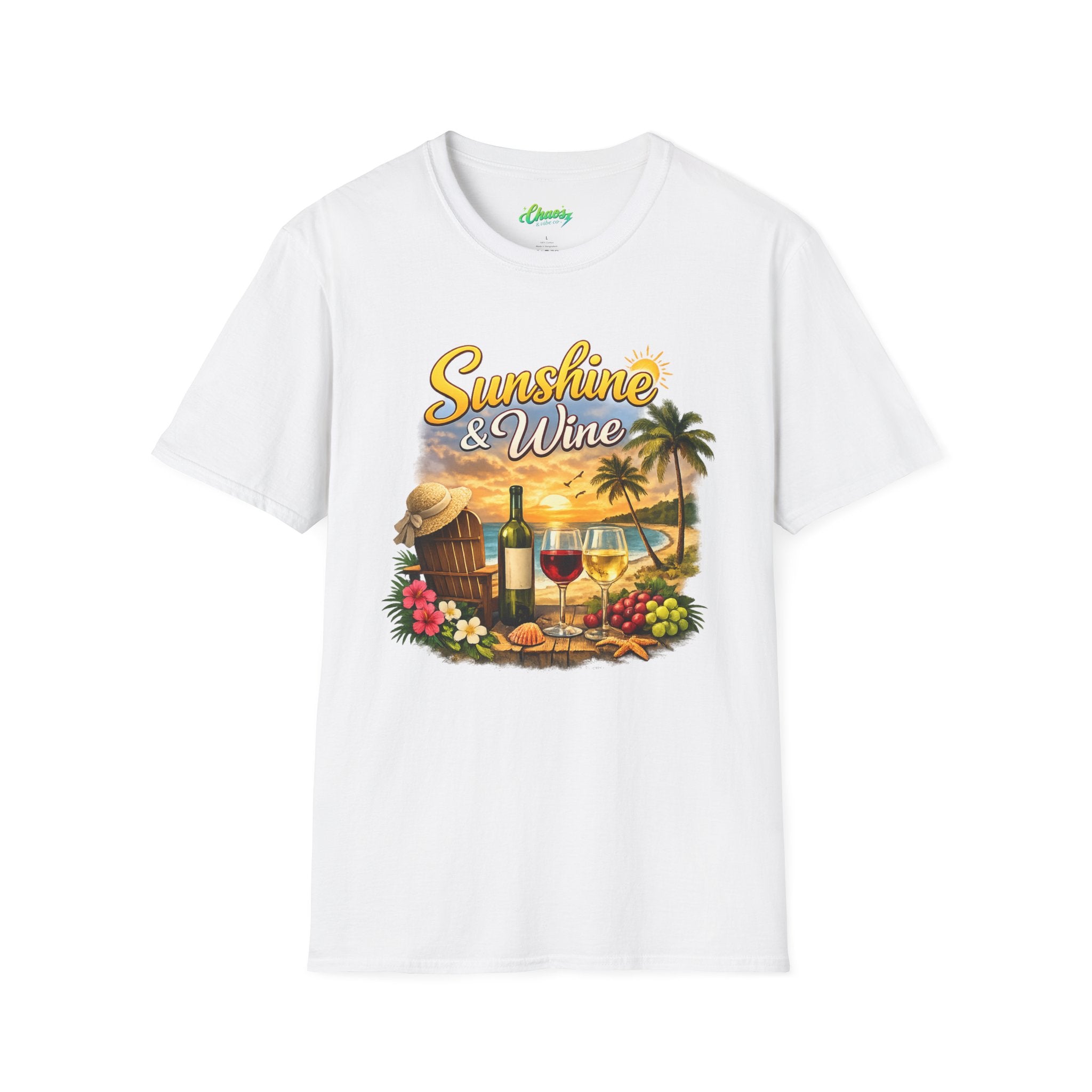 Unisex Sunshine & Wine T-Shirt | Tropical Beach, Palm Trees, Wine Glasses