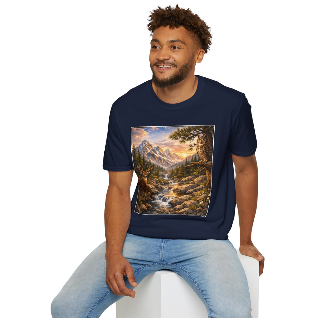 Unisex Softstyle T-Shirt mountain creek nature theme with deer and owl